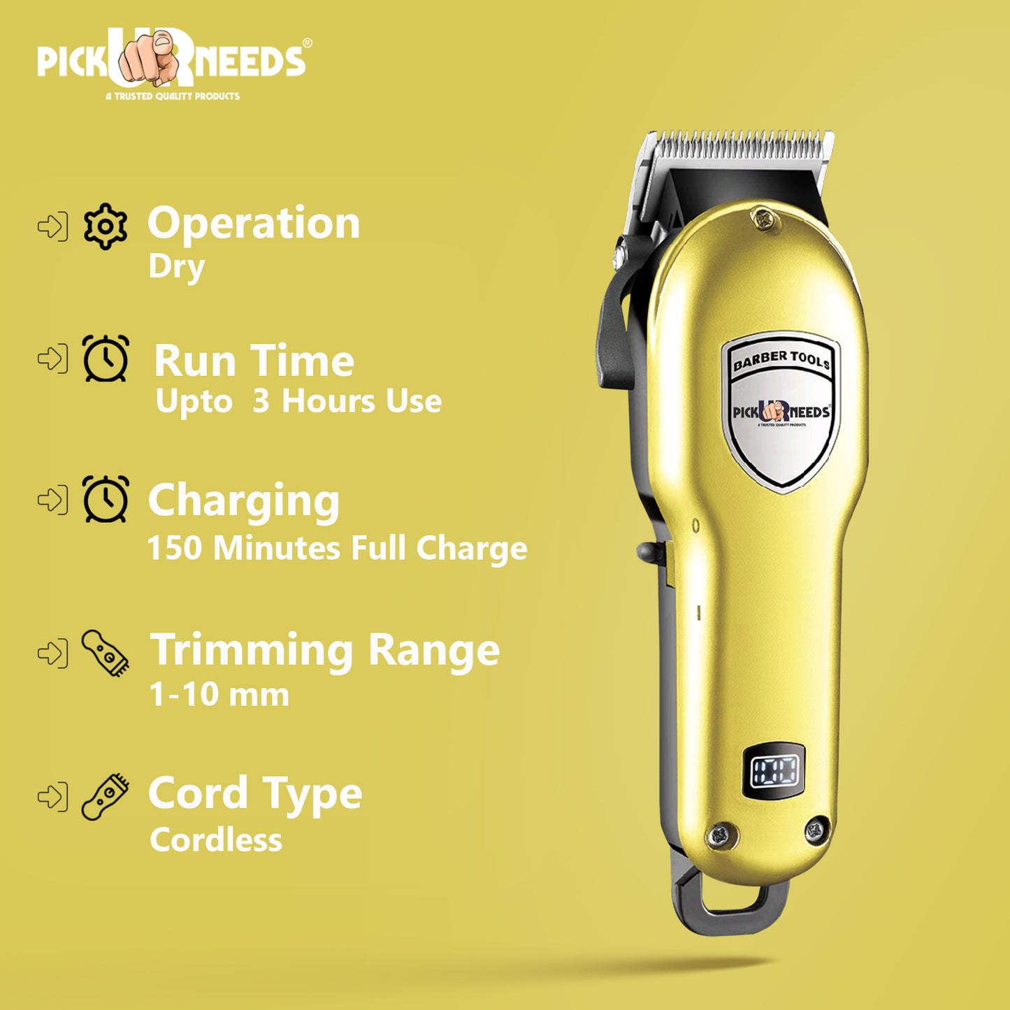 Professional Pick Ur Needs Rechargeable Hair Trimmer/Shaver With Smart LED 8 In 1 Blade Barber Trimmer 180 min Runtime 8 Length Settings (Gold)