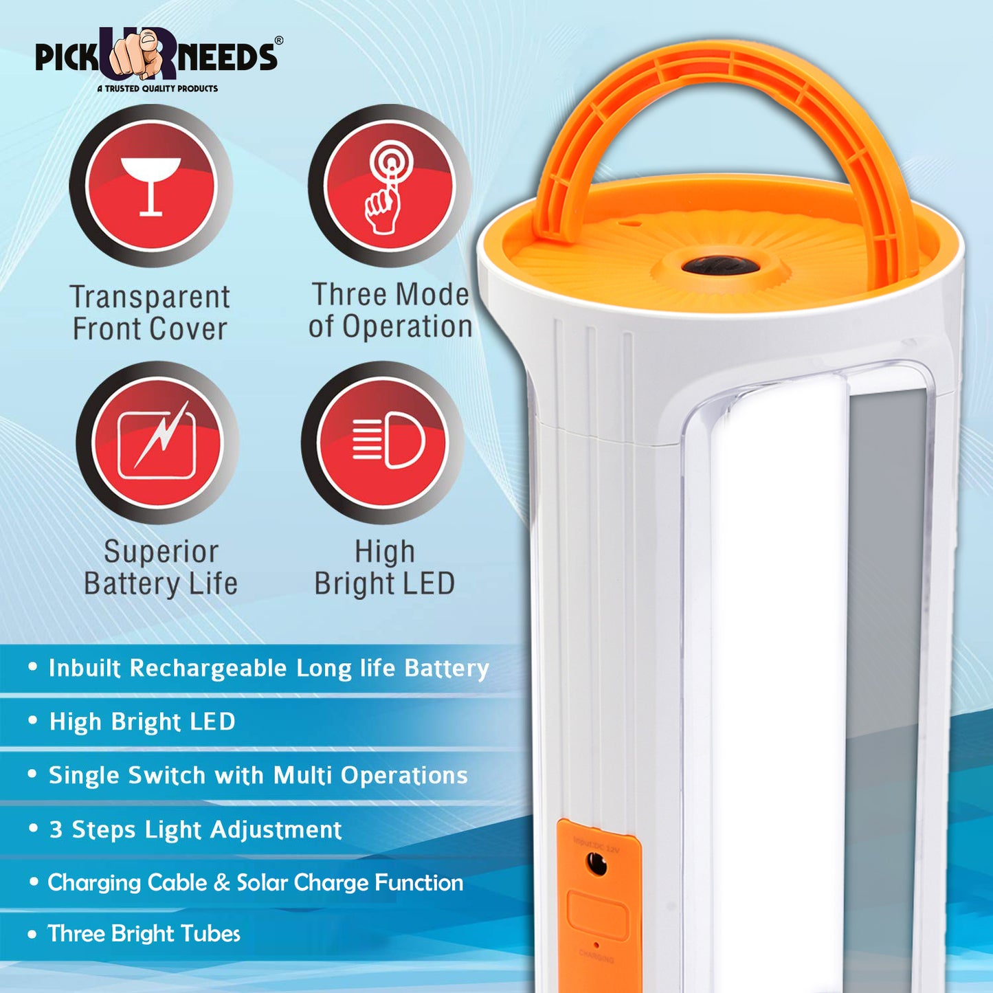 Pick Ur Needs Rechargeable 90W Home Emergency Light 3 Side Tube Floor Lantern Lamp with Hanging Handle
