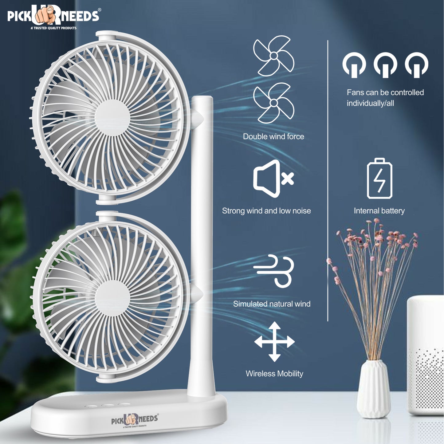 Pick Ur Needs Rechargeable Desk Table Fan Electric Dual Head with Powerful Airflow for Office 4000mAh Battery 3 Speed Mode