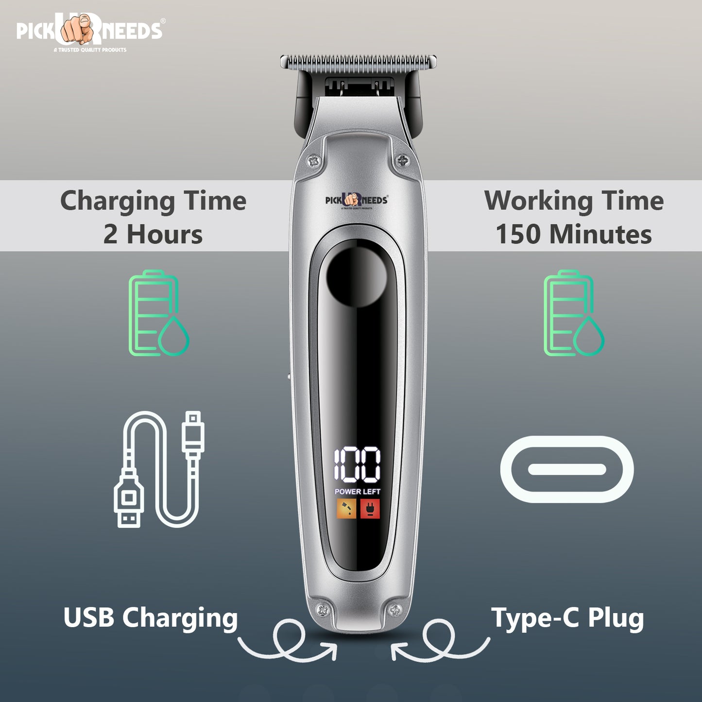 Pick Ur Needs Premium Look Hair Cutting Machine With Smart LED Display 4 In 1 Adjustment Blade Trimmer 150 min Runtime 4 Length Settings (Grey)