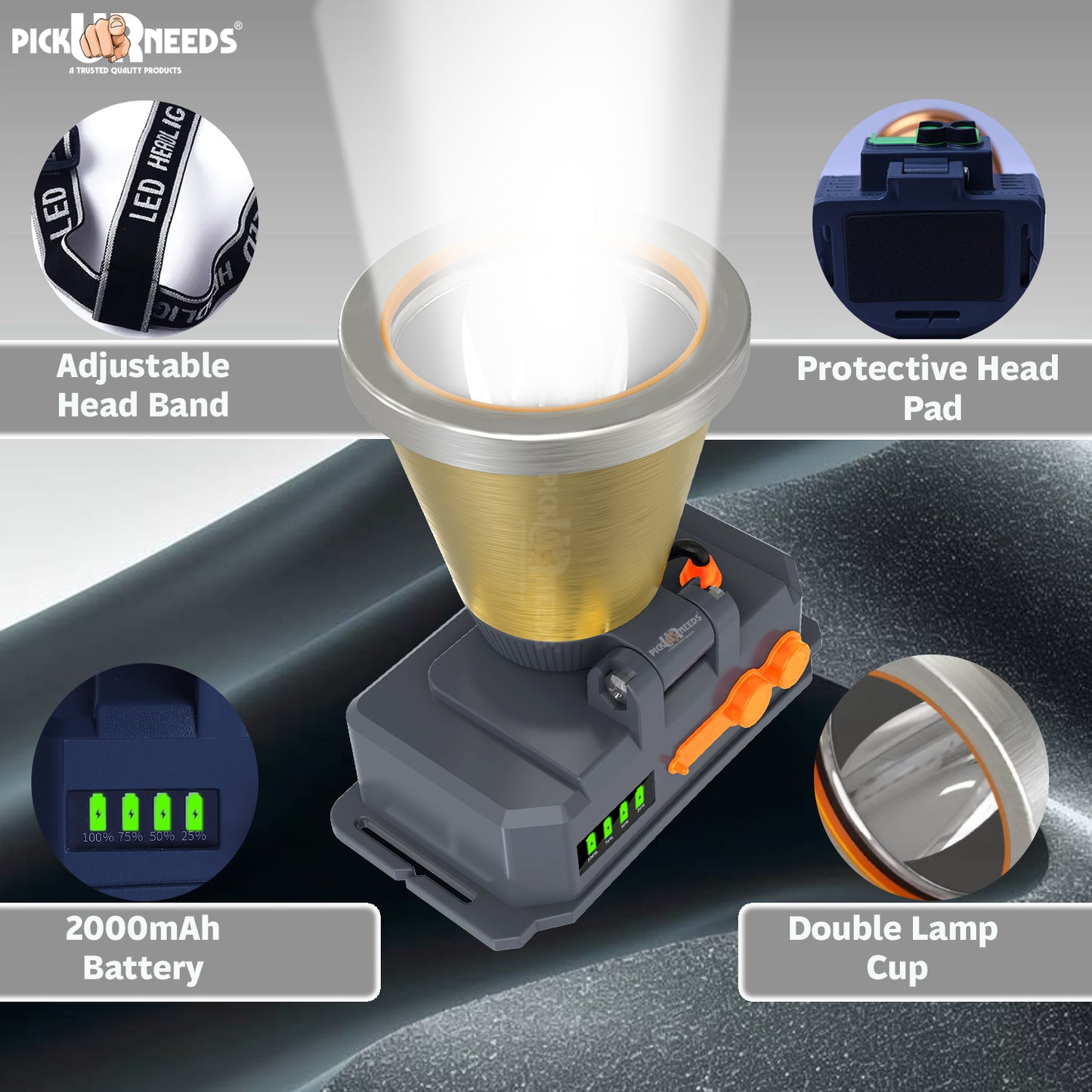 Pick Ur Needs Chargeable Head Lamp 3 Blink Mode Aluminum Body 4000mAh Battery 200W Bright LED 5 hrs Torch Emergency Light
