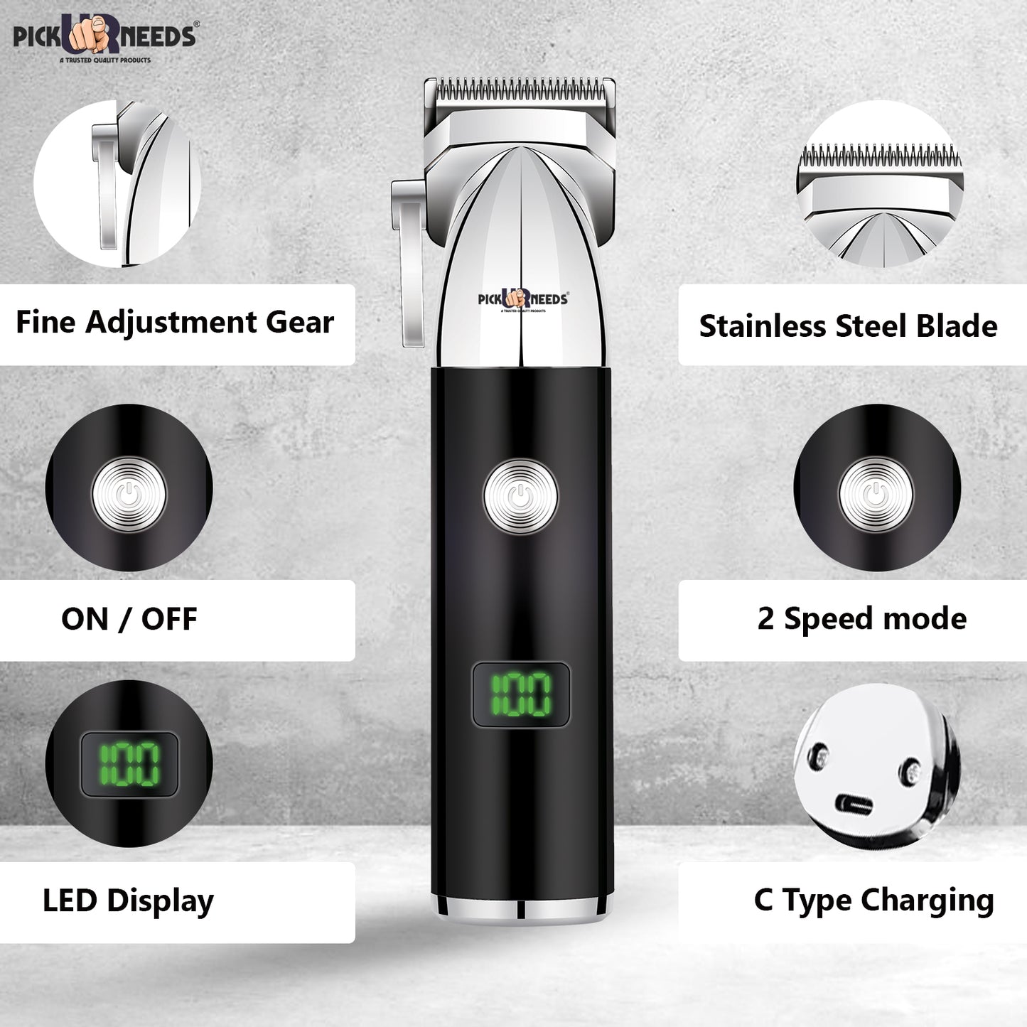 Pick Ur Needs Type C Rechargeable Hair Clipper / Beard Trimmer For Men With 4 Multiple Blades Trimmer 150 min Runtime 4 Length Settings (Grey)