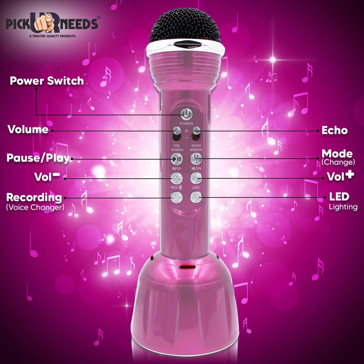 Pick Ur Needs Superier Quality With LED Wireless Bluetooth Microphone Connection Player Speaker 2-in1 With Recording + USB+FM Microphone (Pink)