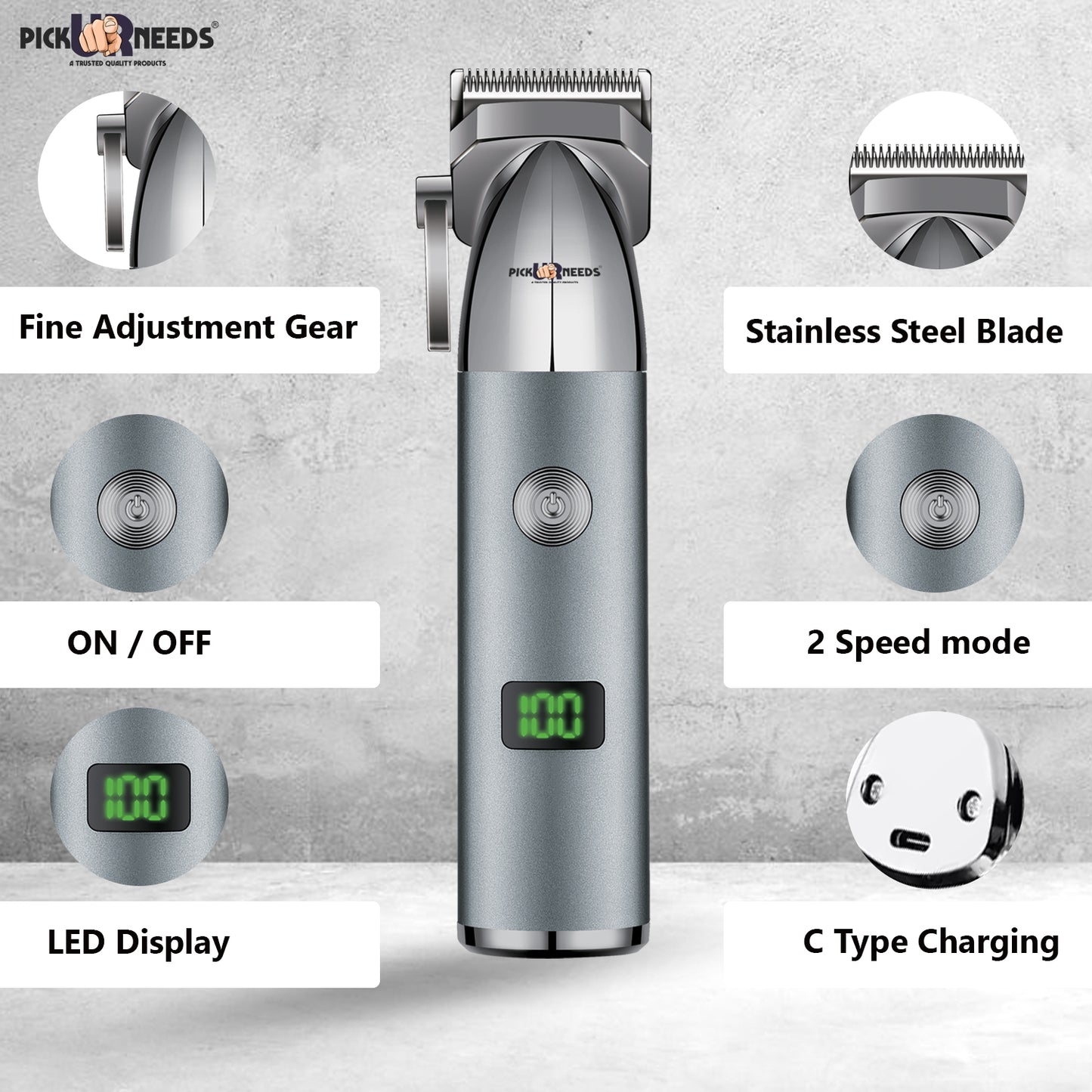 Pick Ur Needs Type C Rechargeable Hair Clipper / Beard Trimmer For Men With 4 Multiple Blades Trimmer 150 min Runtime 4 Length Settings (Grey)