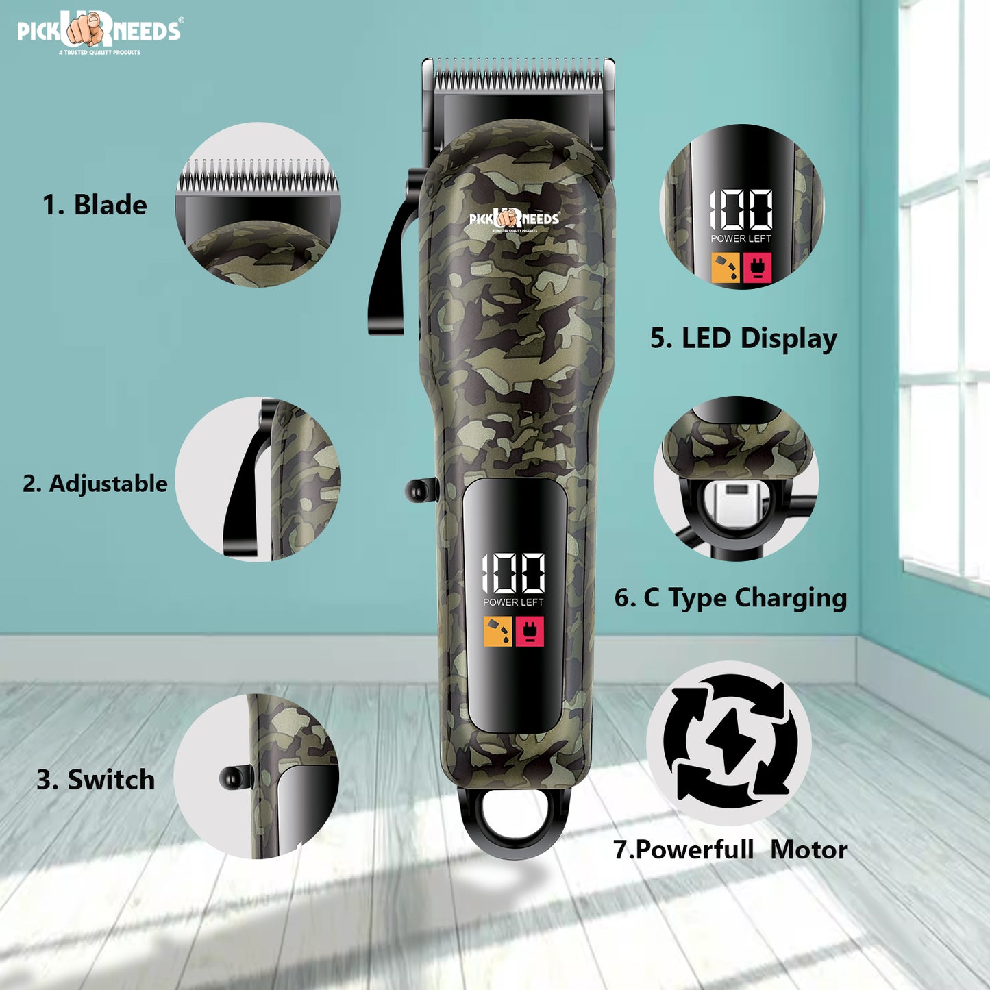 Pick Ur Needs Professional Hair Trimmer / Beard Clipper / Shaver With 8 Blade Digital Display Trimmer 180 min Runtime 8 Length Settings (Black)