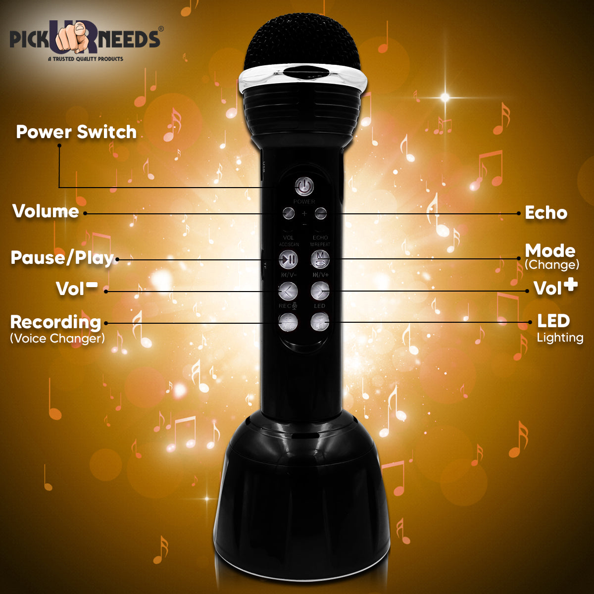 Pick Ur Needs Superier Quality With LED Wireless Bluetooth Microphone Connection Player Speaker 2-in1 With Recording + USB+FM Microphone (Pink)