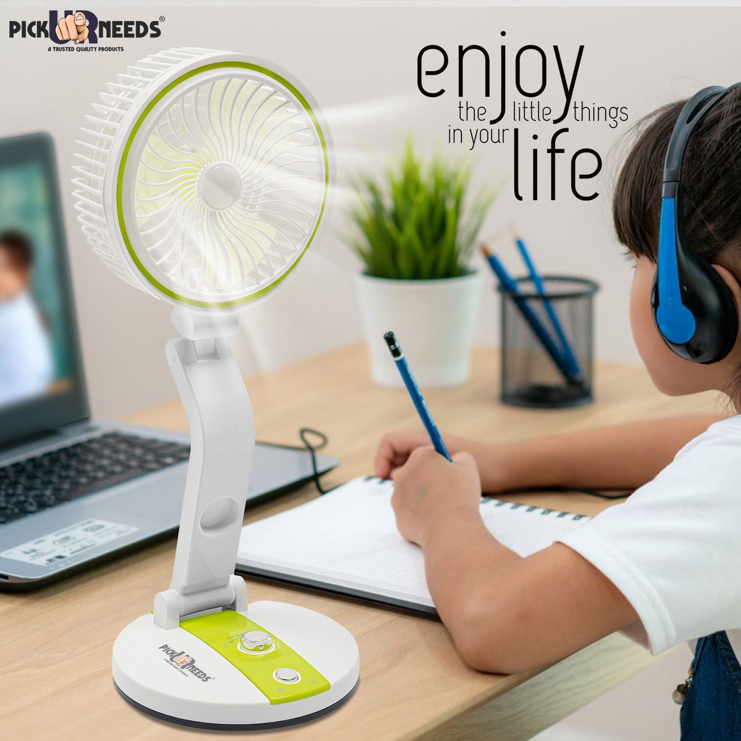 Pick Ur Needs Rechargeable Tabletop Personal Mini USB Rechargeable Desk Fan with LED Light, Camping Fan for Home Office