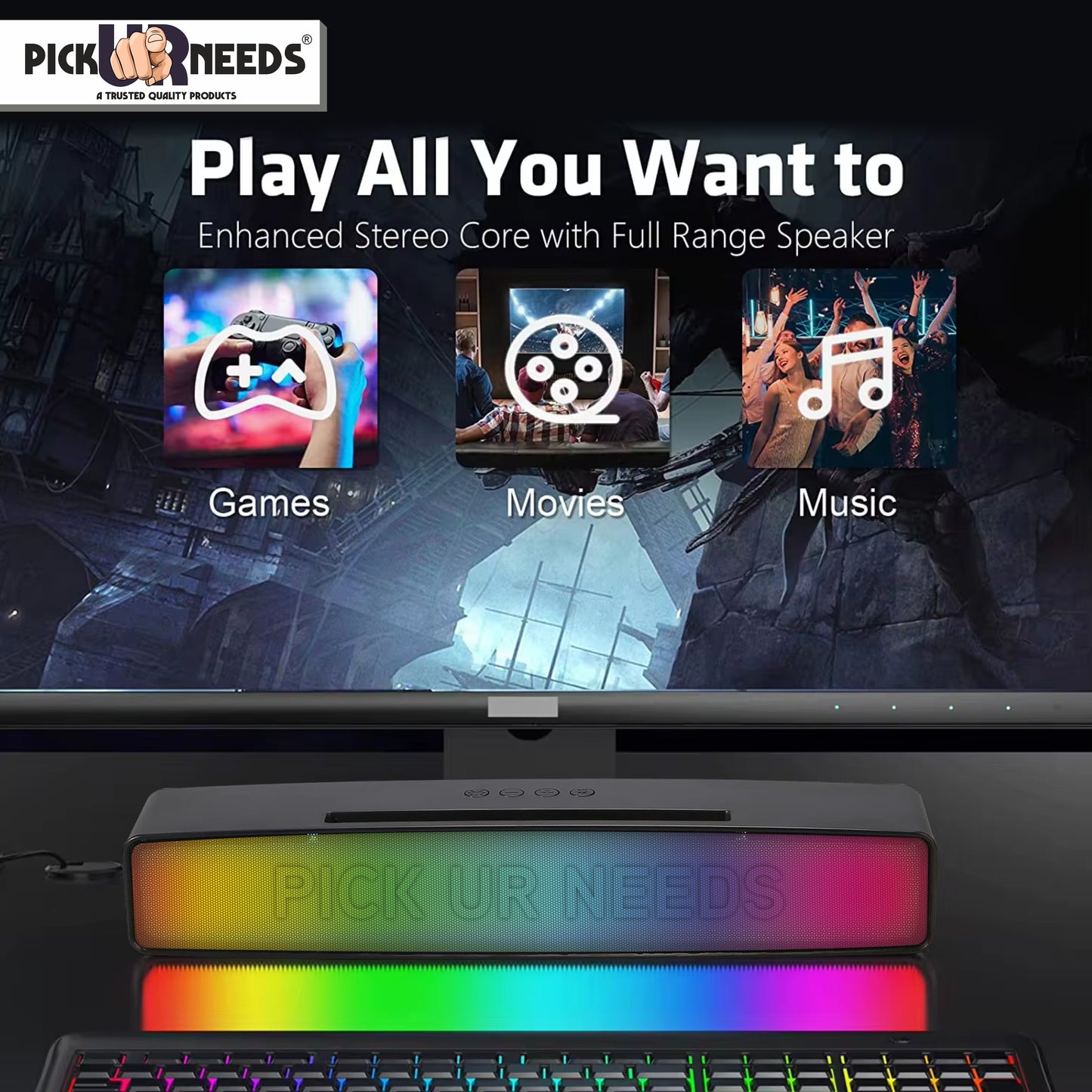 Pick Ur Needs Wireless Home TV Speaker Soundbar WIth RGB Light USB/TF Card/AUX Supported 4Hrs 10 W Bluetooth Soundbar (Black, 5.0 Channel)