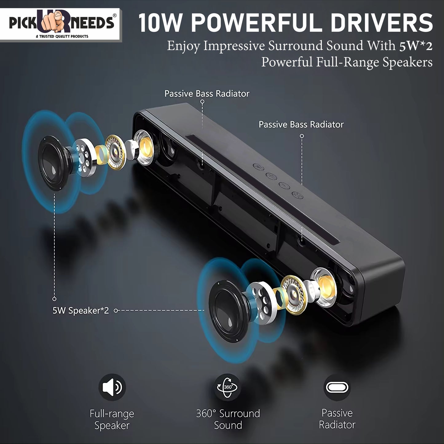 Pick Ur Needs Wireless Home TV Speaker Soundbar WIth RGB Light USB/TF Card/AUX Supported 4Hrs 10 W Bluetooth Soundbar (Black, 5.0 Channel)