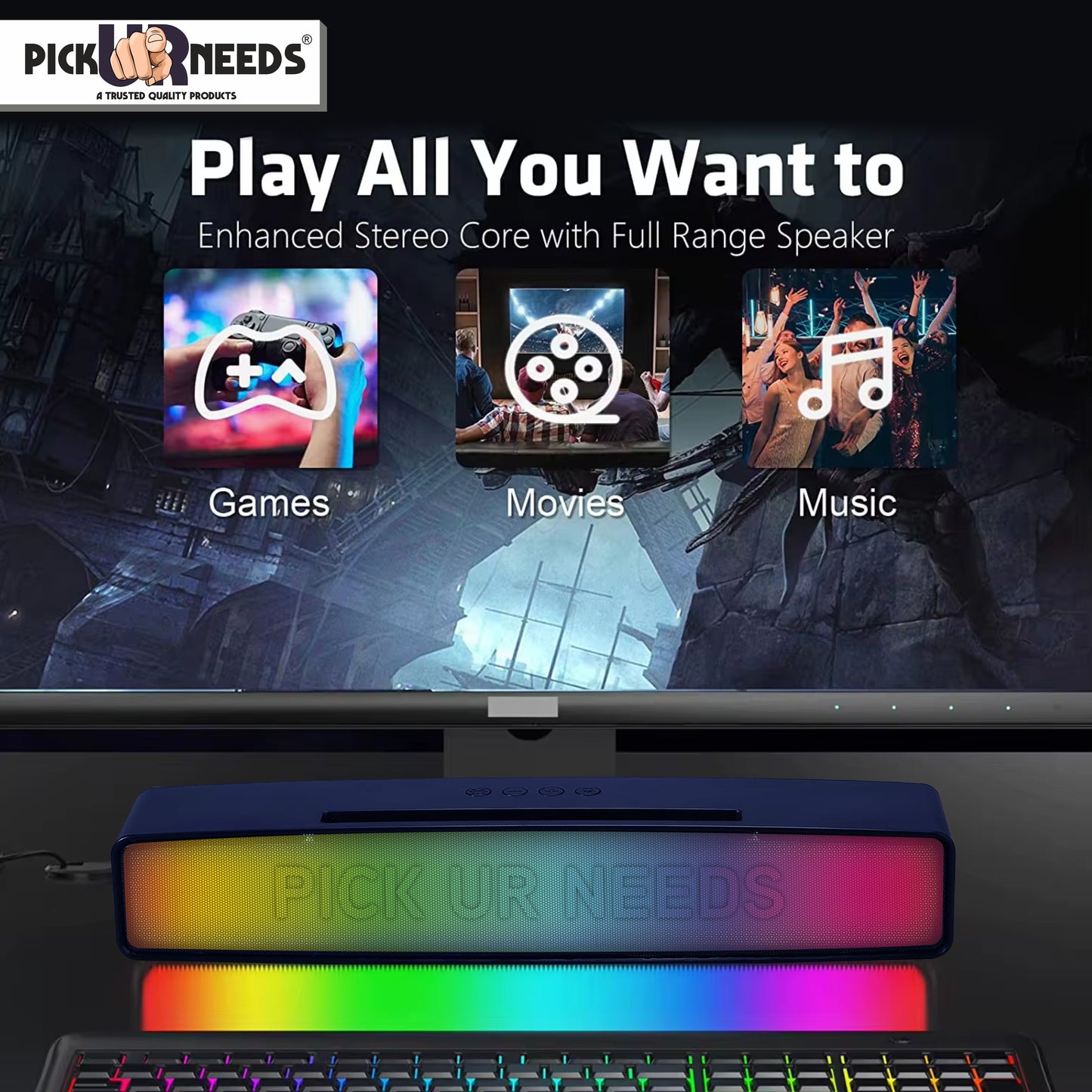 Pick Ur Needs Wireless Home TV Speaker Soundbar WIth RGB Light USB/TF Card/AUX Supported 4Hrs 10 W Bluetooth Soundbar (Black, 5.0 Channel)