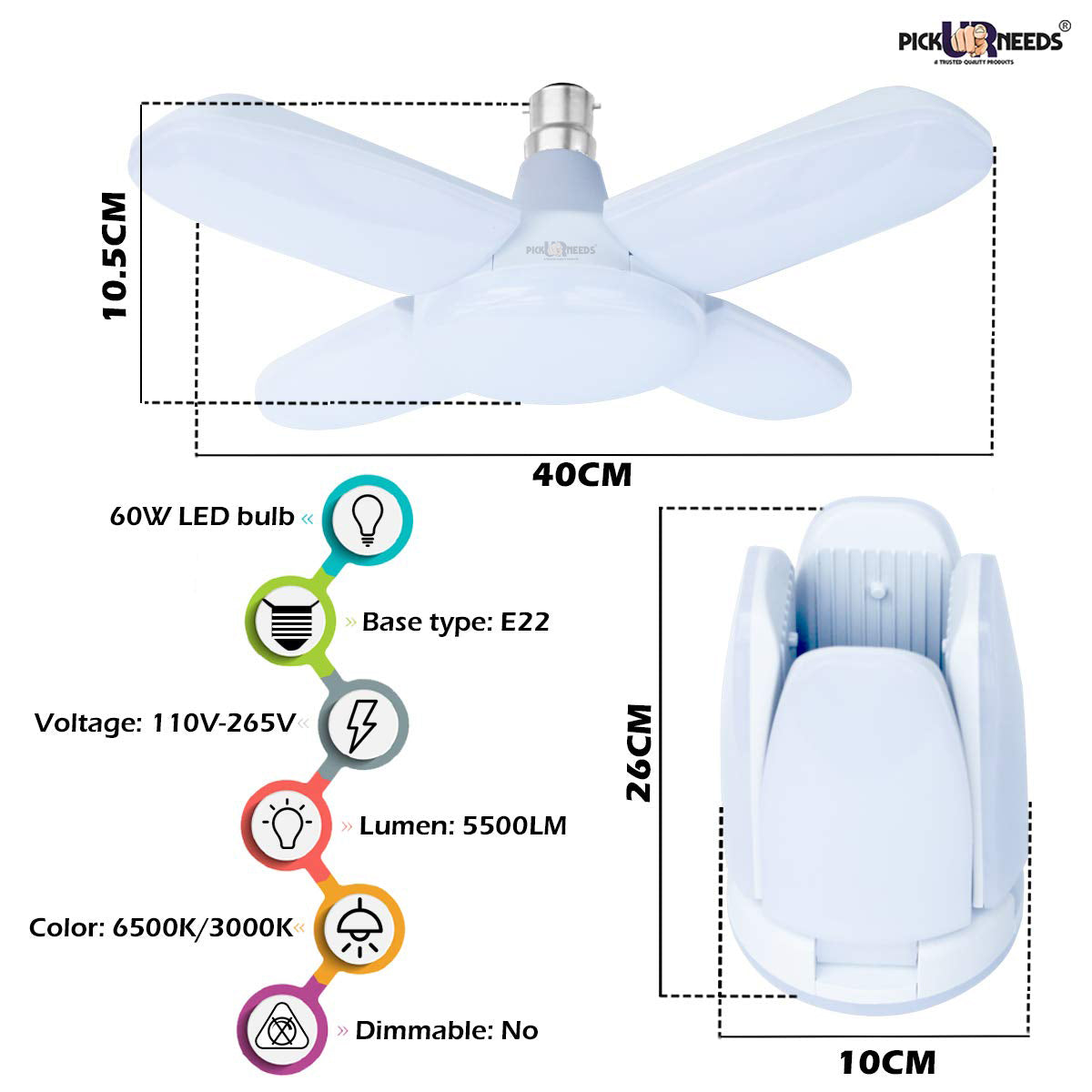 Pick Ur Needs Foldable LED Fan Bulb Light B22 28W With LED Blade Bulb
