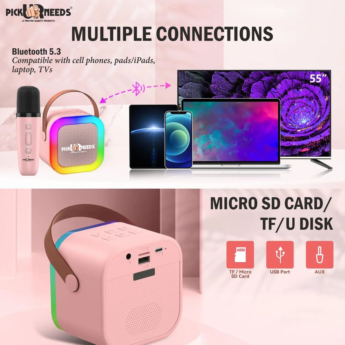 Pick Ur Needs Kids Karaoke 4 Multiple Voice Mike With Bluetooth Speaker RGB Disco Party Light (Blue)