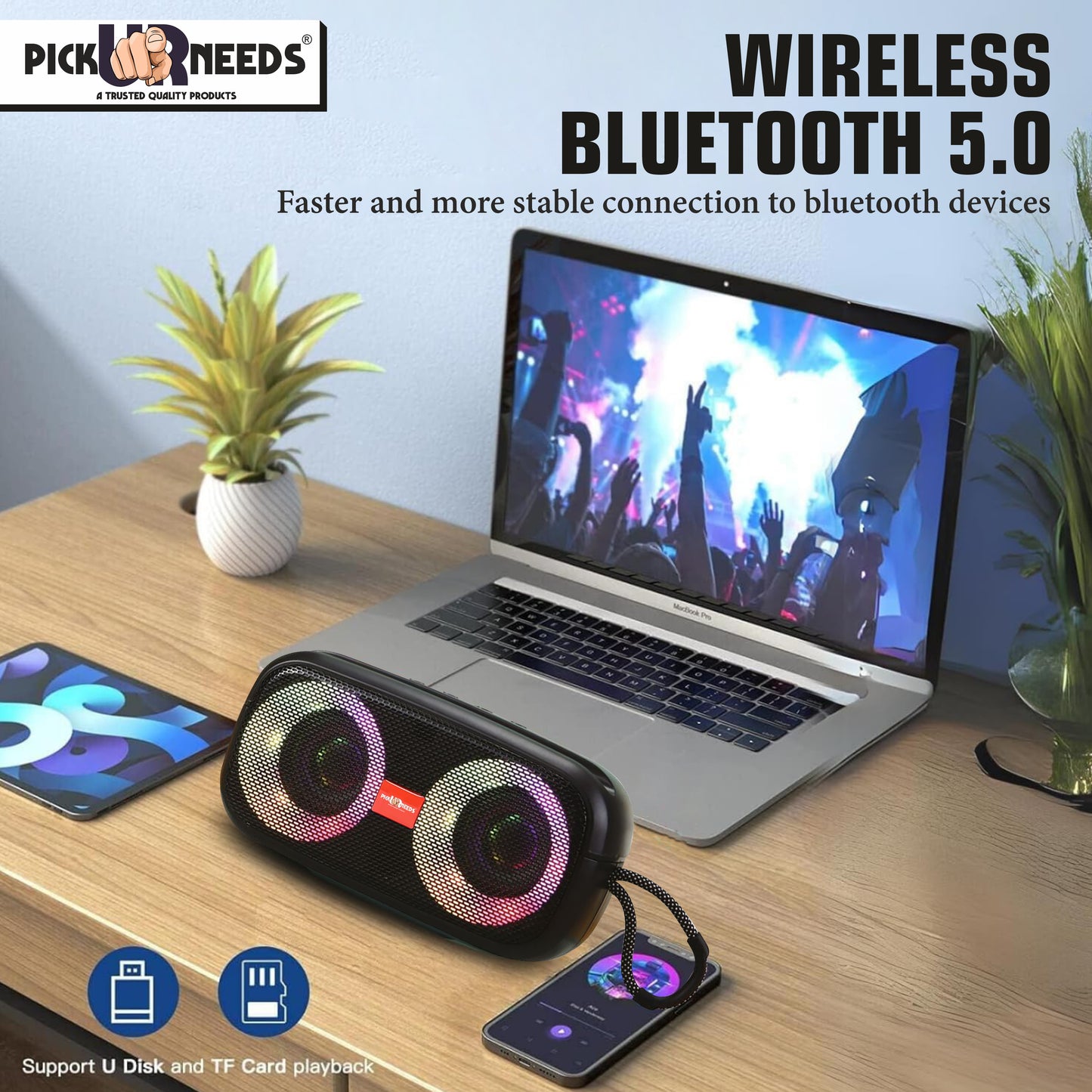 Pick Ur Needs Portable Wireless Speaker With RGB Dimmable Light USB/AUX/TF Card 6 Hrs Playtime 10 W Bluetooth Speaker (Black, 5.0 Channel)
