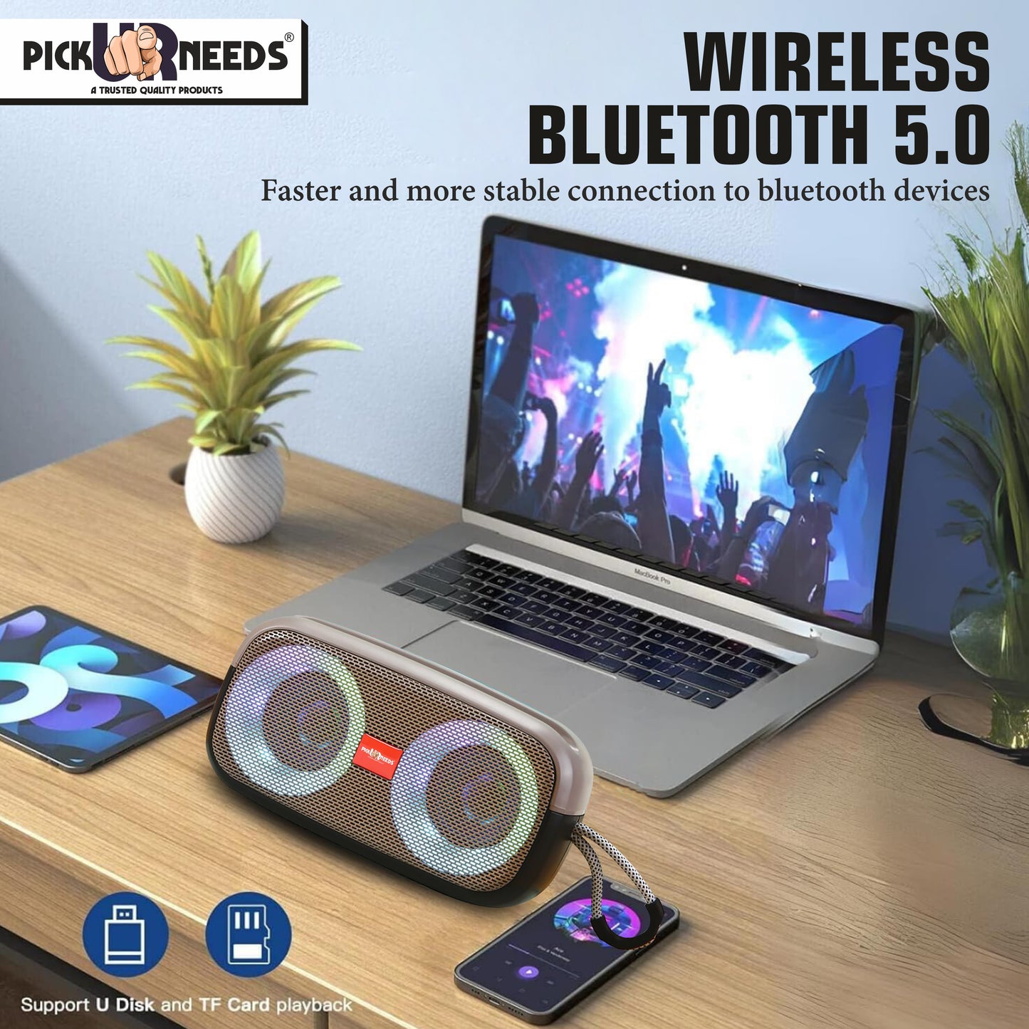 Pick Ur Needs Portable Wireless Speaker With RGB Dimmable Light USB/AUX/TF Card 6 Hrs Playtime 10 W Bluetooth Speaker (Black, 5.0 Channel)