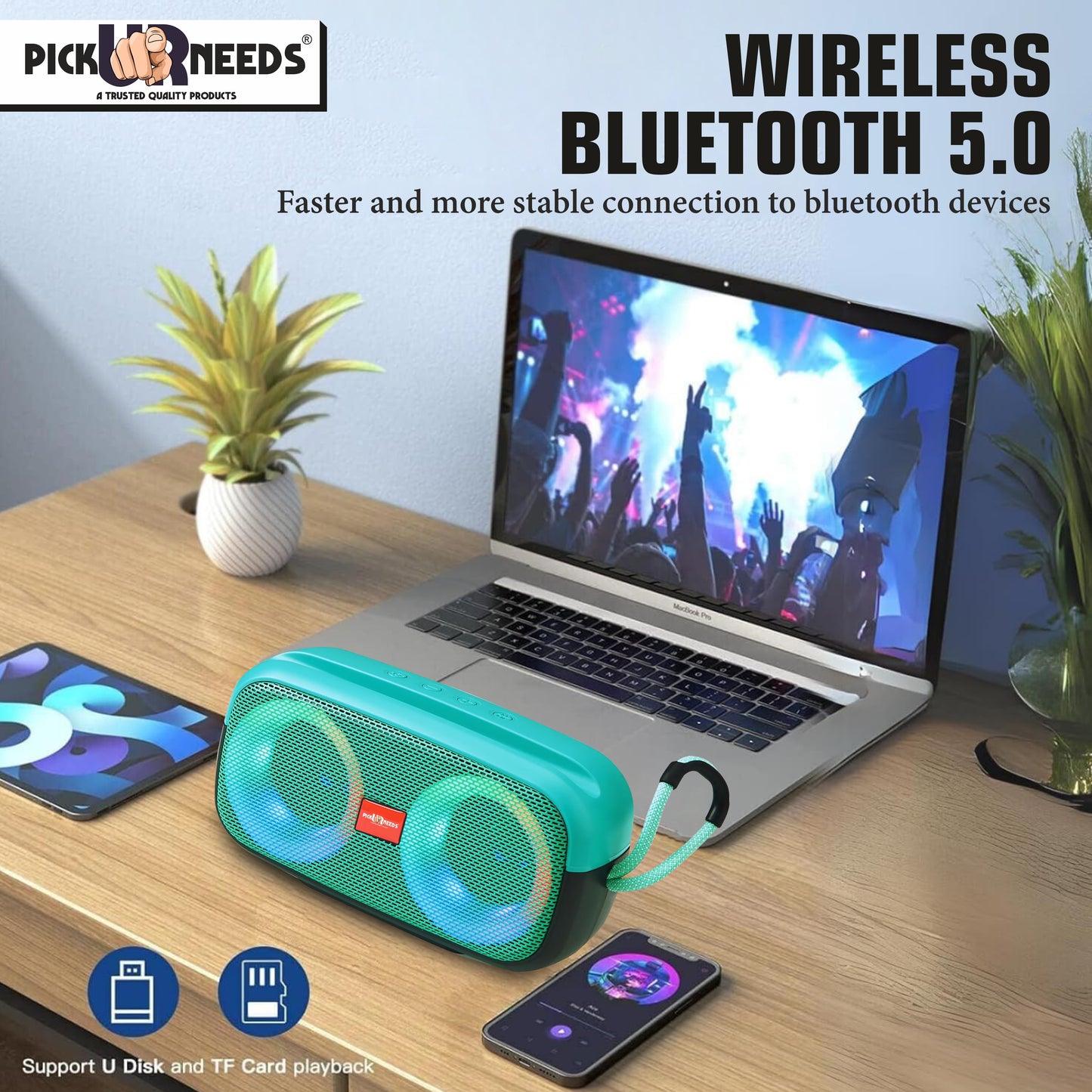 Pick Ur Needs Portable Wireless Speaker With RGB Dimmable Light USB/AUX/TF Card 6 Hrs Playtime 10 W Bluetooth Speaker (Black, 5.0 Channel)