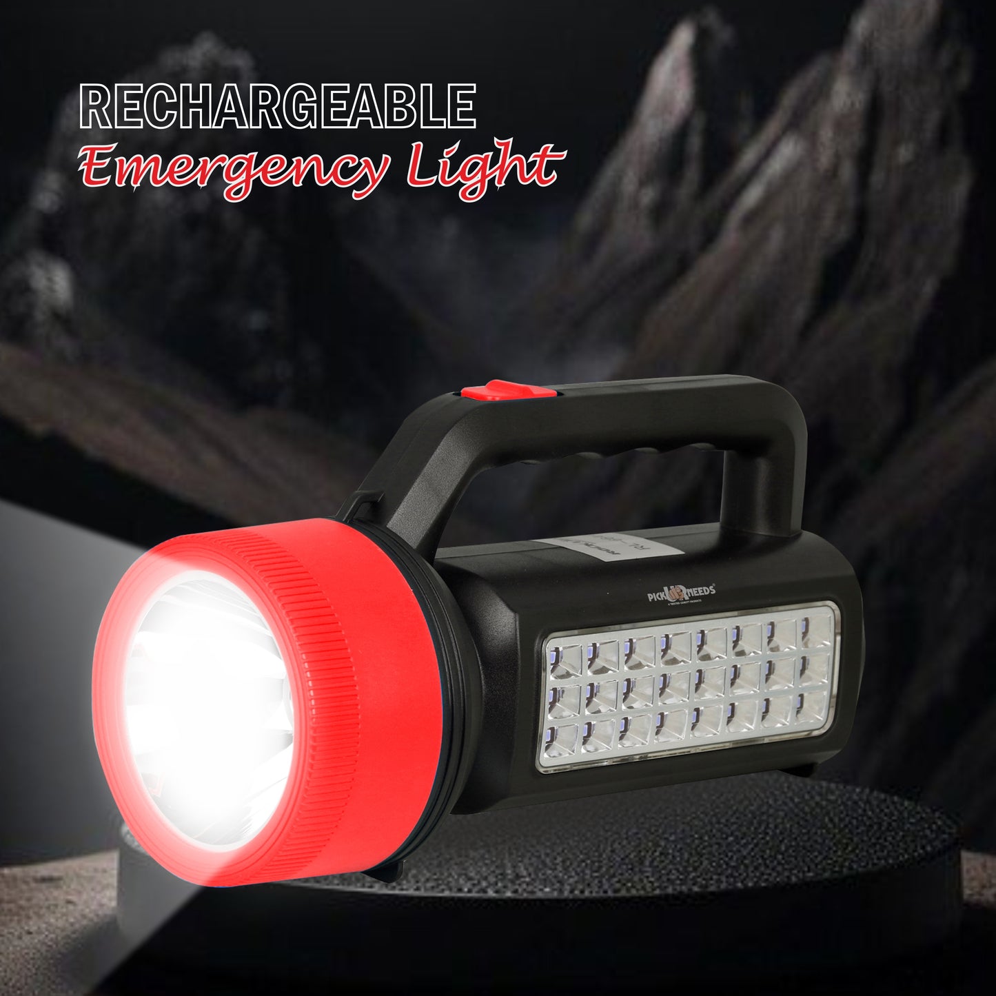Pick Ur Needs Solar Rechargeable Long Range Emergency Torch Search Light 100W + 24 SMD Light Torch (Red, 21 cm, Rechargeable)