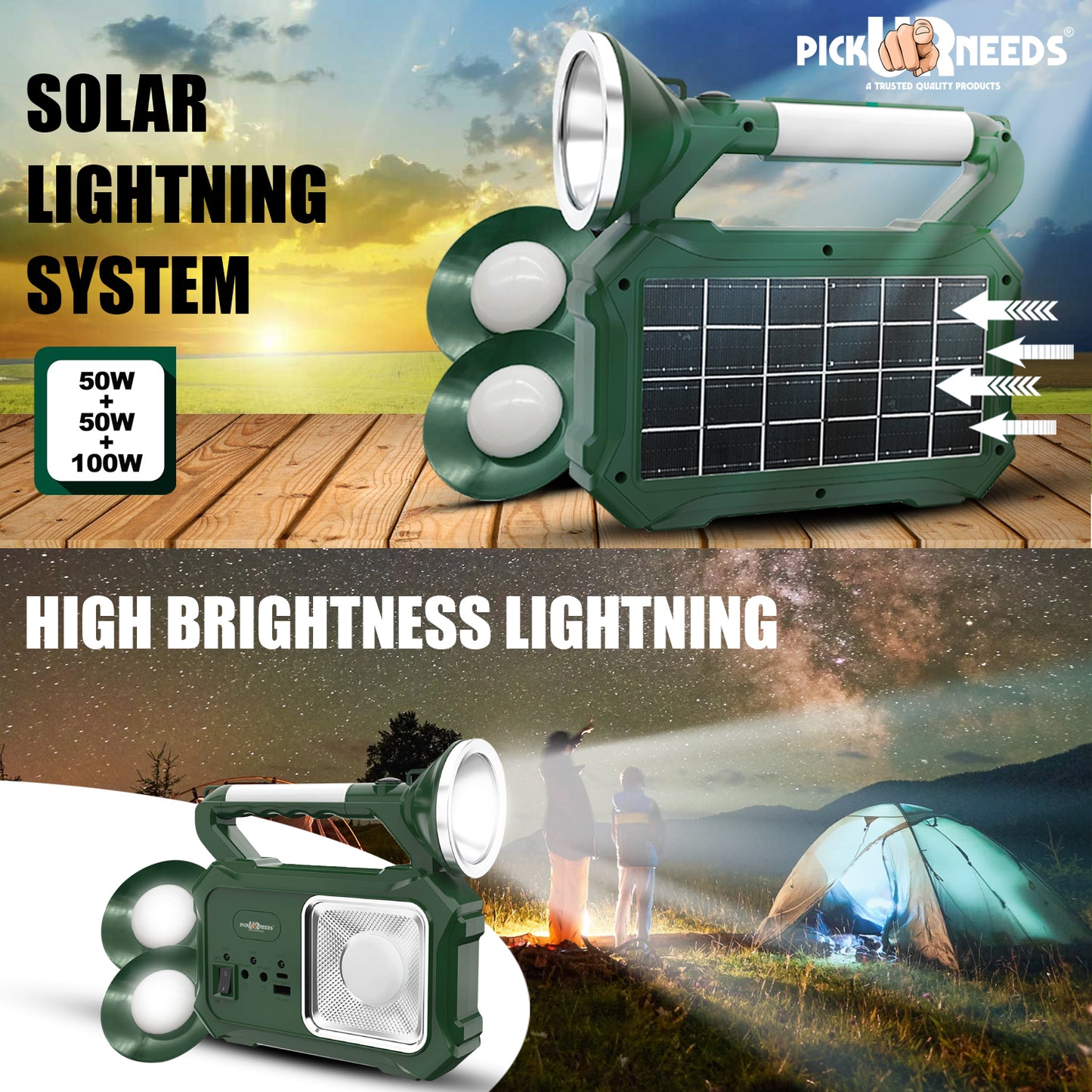 Pick Ur Needs 200W Rechargeable Solar Emergency– Power Bank Torch Light with 5 Lightning Modes Solar Light Set (Free Standing)
