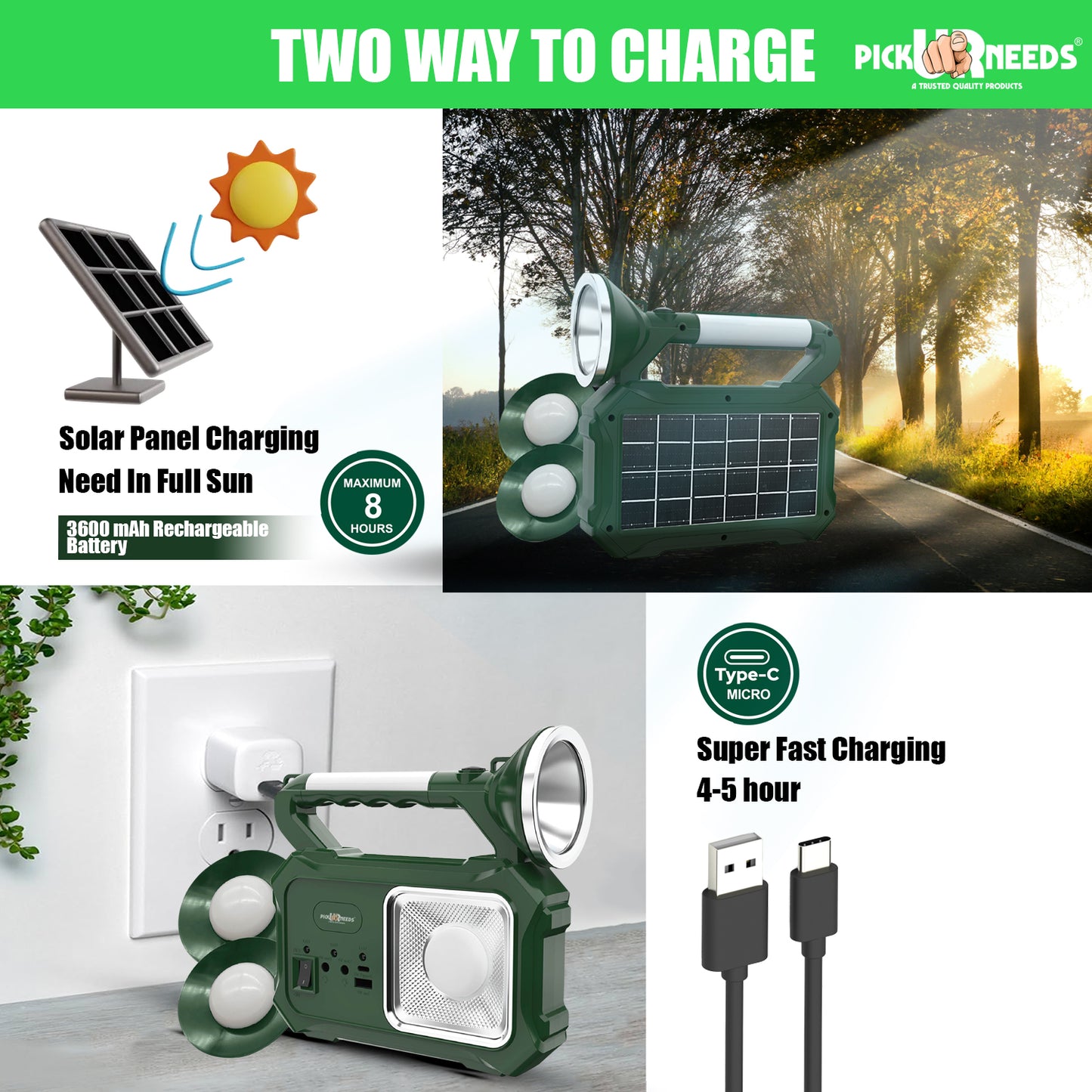 Pick Ur Needs 200W Rechargeable Solar Emergency– Power Bank Torch Light with 5 Lightning Modes Solar Light Set (Free Standing)