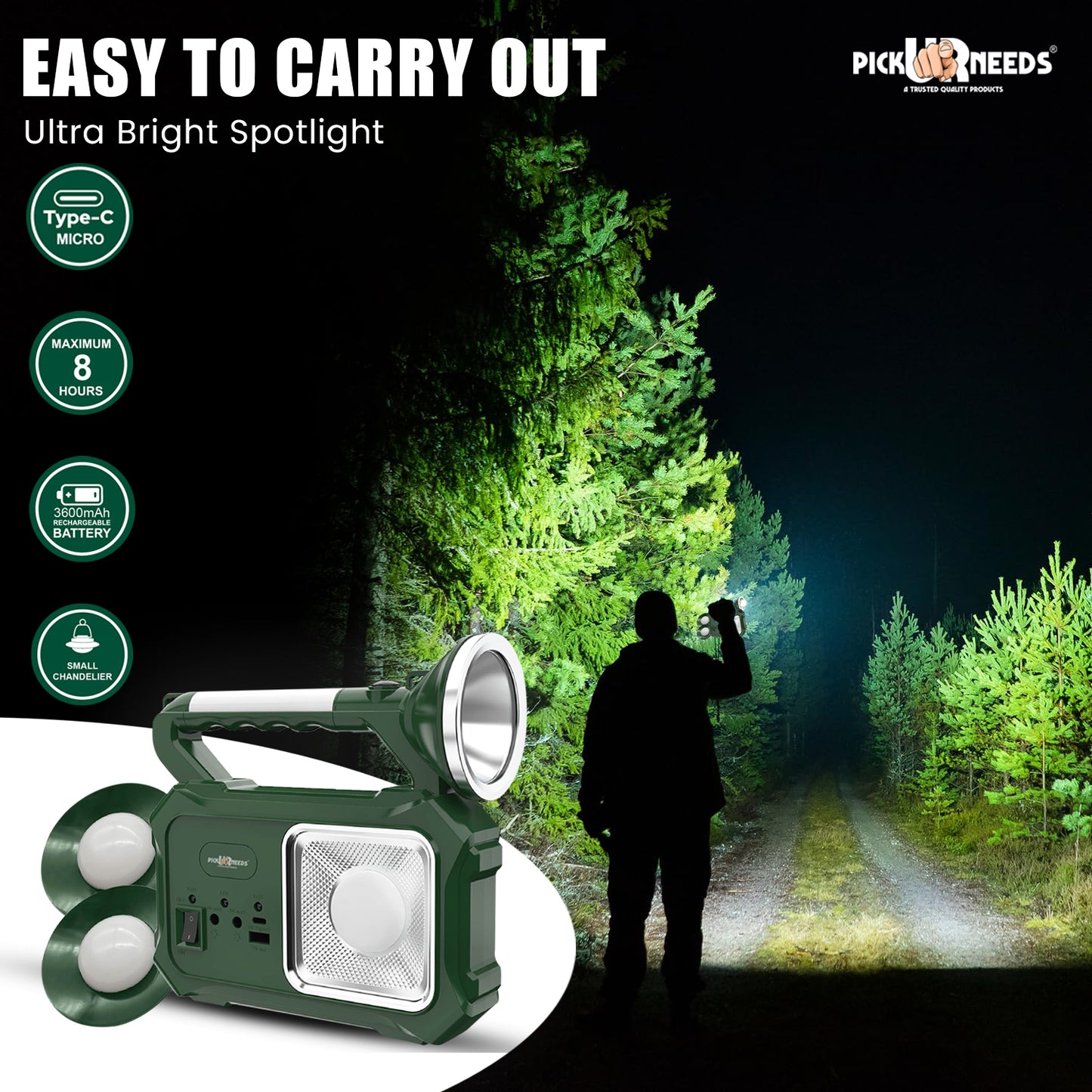 Pick Ur Needs 200W Rechargeable Solar Emergency– Power Bank Torch Light with 5 Lightning Modes Solar Light Set (Free Standing)
