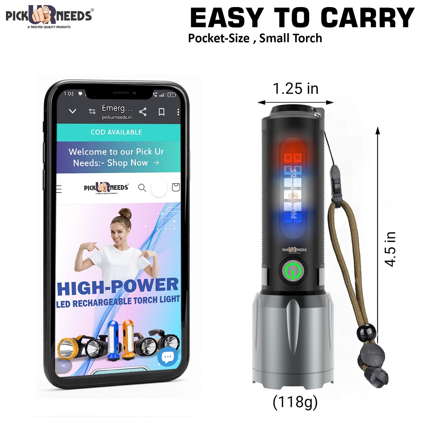 Pick Ur Needs 100W Rechargeable Zoomable Mini Pocket Torch With 3 Mode Light+Side RWB COB 3 hrs Torch Emergency Light (Black)