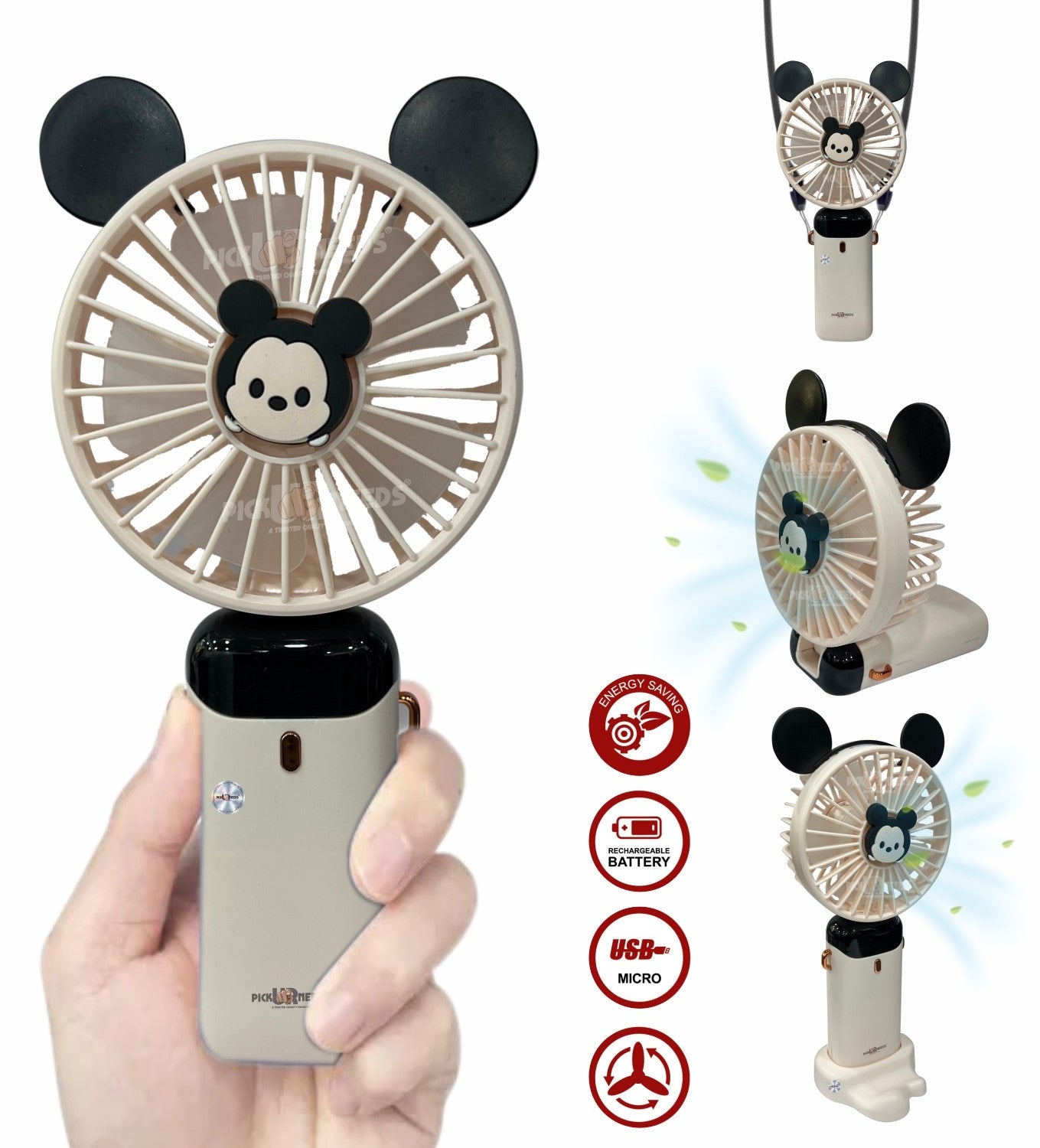 Pick Ur Needs Rechargeable Foldable Mini Handheld Fan Micky Mouse Design 5 Mode Speed LED Display Mini Portable Fan