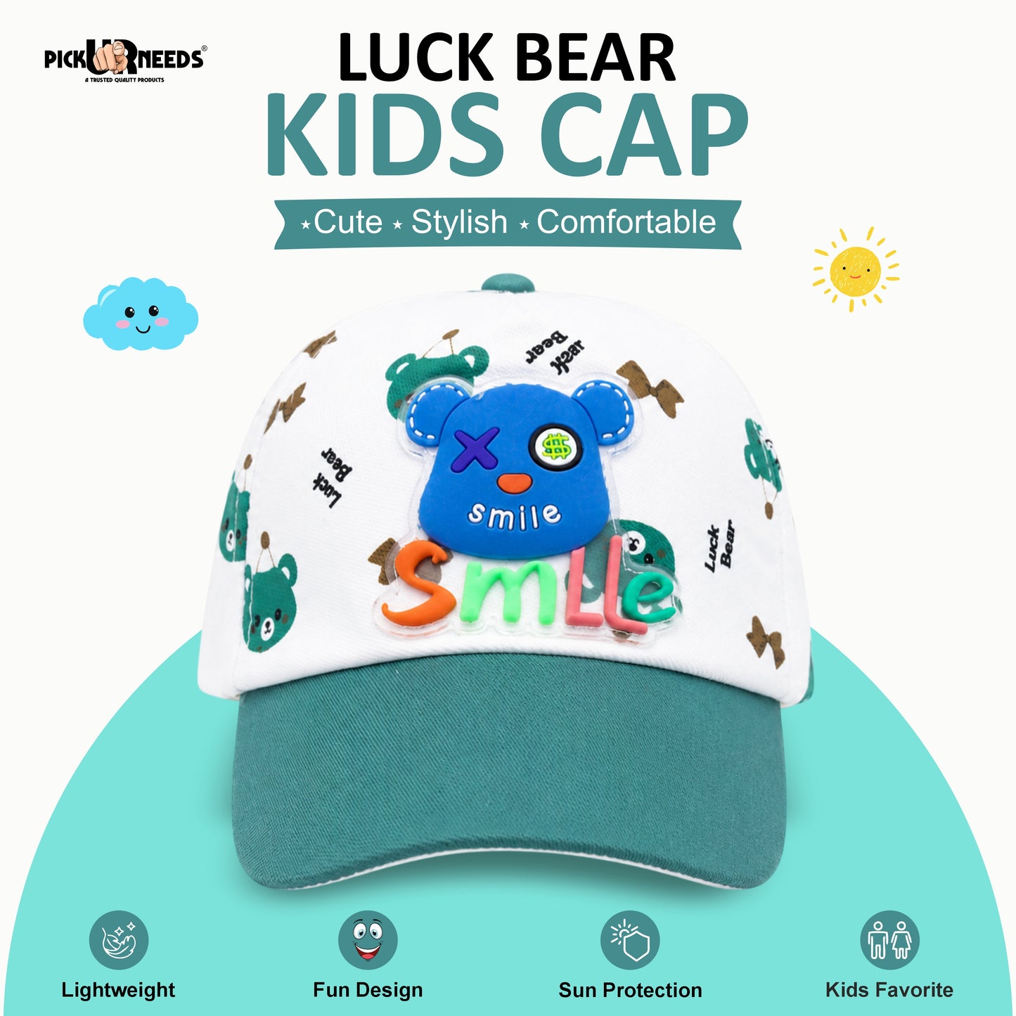 Pick Ur Needs Cute Smile Bear Kids Baseball Cartoon Printed Adjustable Cap for Boys & Girls Lightweight Hat