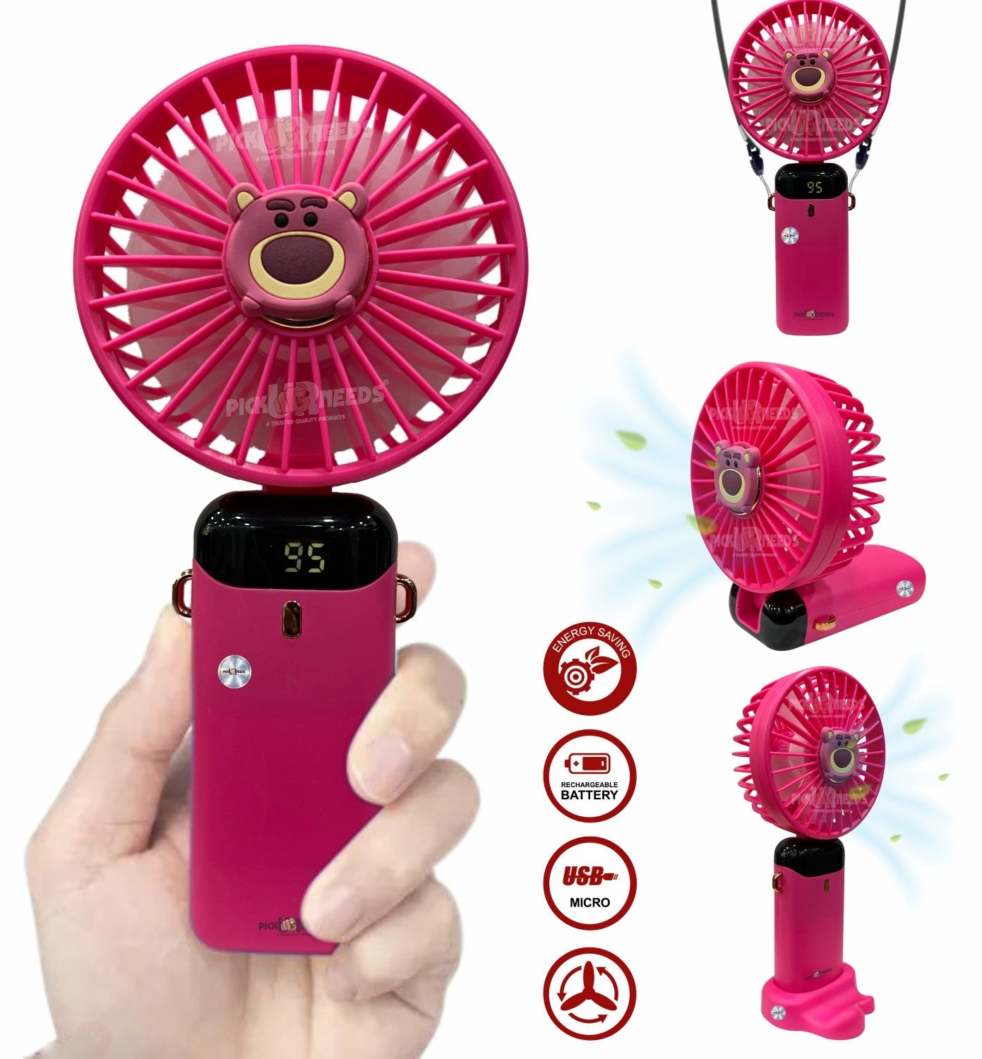 Pick Ur Needs Rechargeable Foldable Mini Handheld Fan Micky Mouse Design 5 Mode Speed LED Display Mini Portable Fan