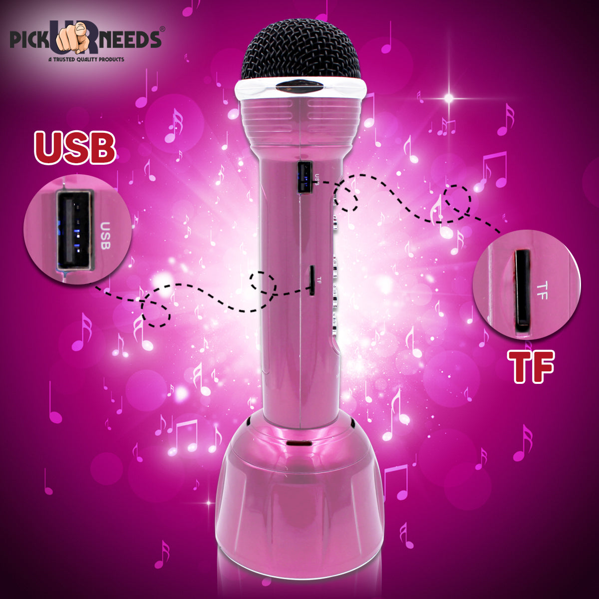 Pick Ur Needs Superier Quality With LED Wireless Bluetooth Microphone Connection Player Speaker 2-in1 With Recording + USB+FM Microphone (Pink)