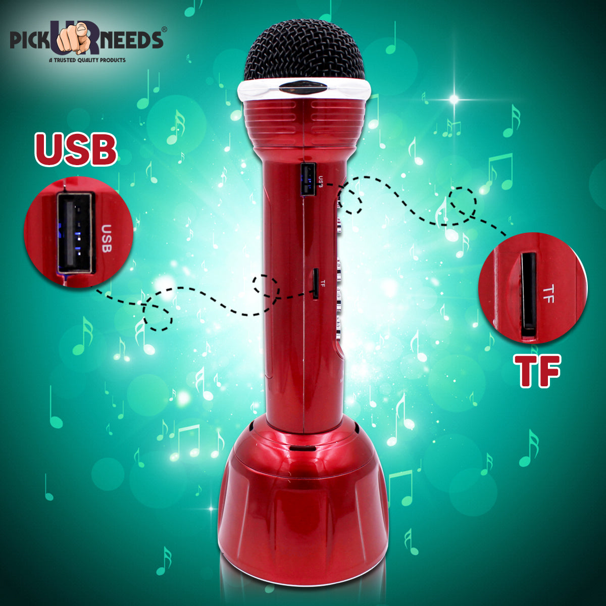 Pick Ur Needs Superier Quality With LED Wireless Bluetooth Microphone Connection Player Speaker 2-in1 With Recording + USB+FM Microphone (Pink)