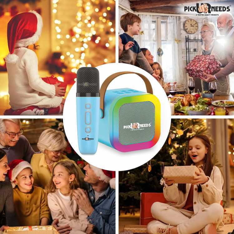 Pick Ur Needs Kids Karaoke 4 Multiple Voice Mike With Bluetooth Speaker RGB Disco Party Light (Blue)