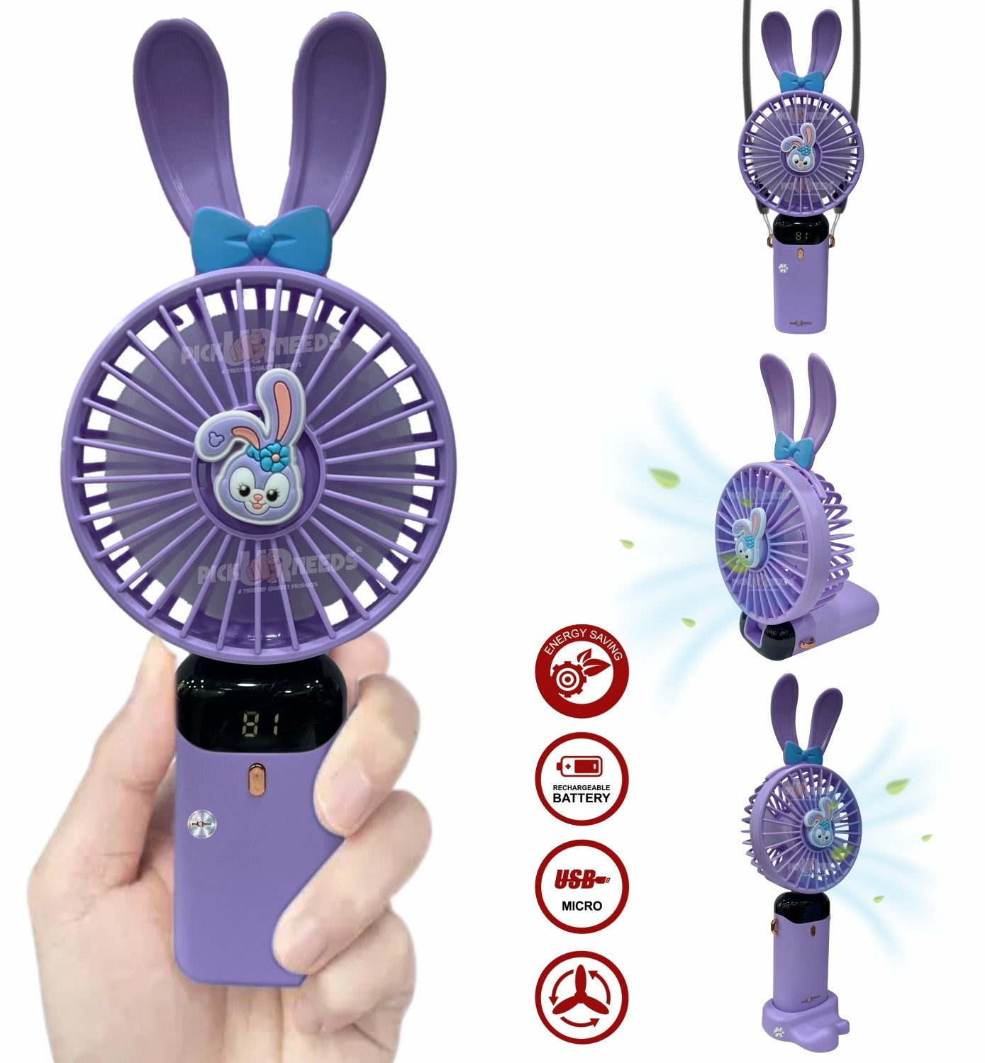 Pick Ur Needs Rechargeable Foldable Mini Handheld Fan Micky Mouse Design 5 Mode Speed LED Display Mini Portable Fan
