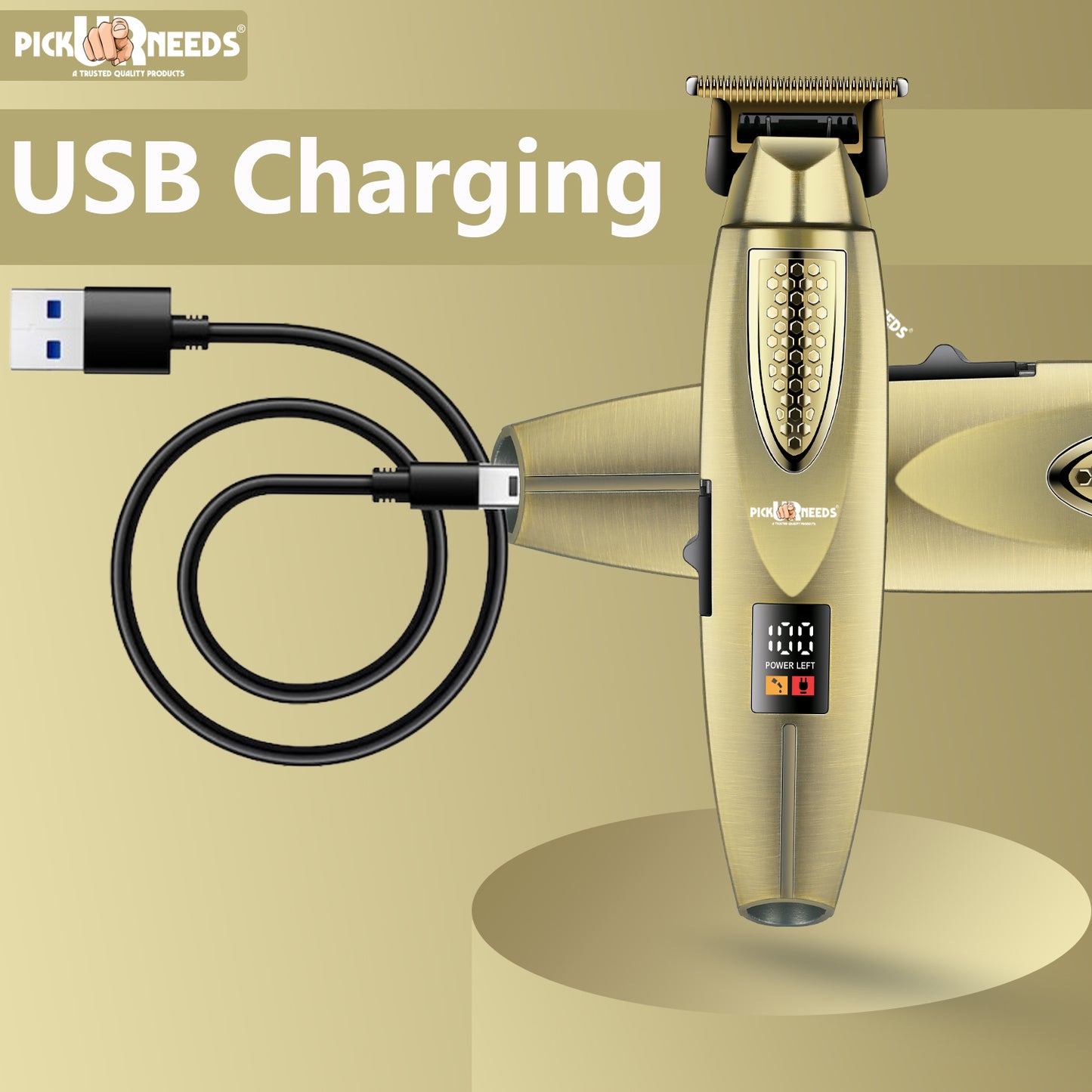 Pick Ur Needs Stylish Premium Design Hair Trimmer 180 min Runtime 3 Length Settings (Gold)