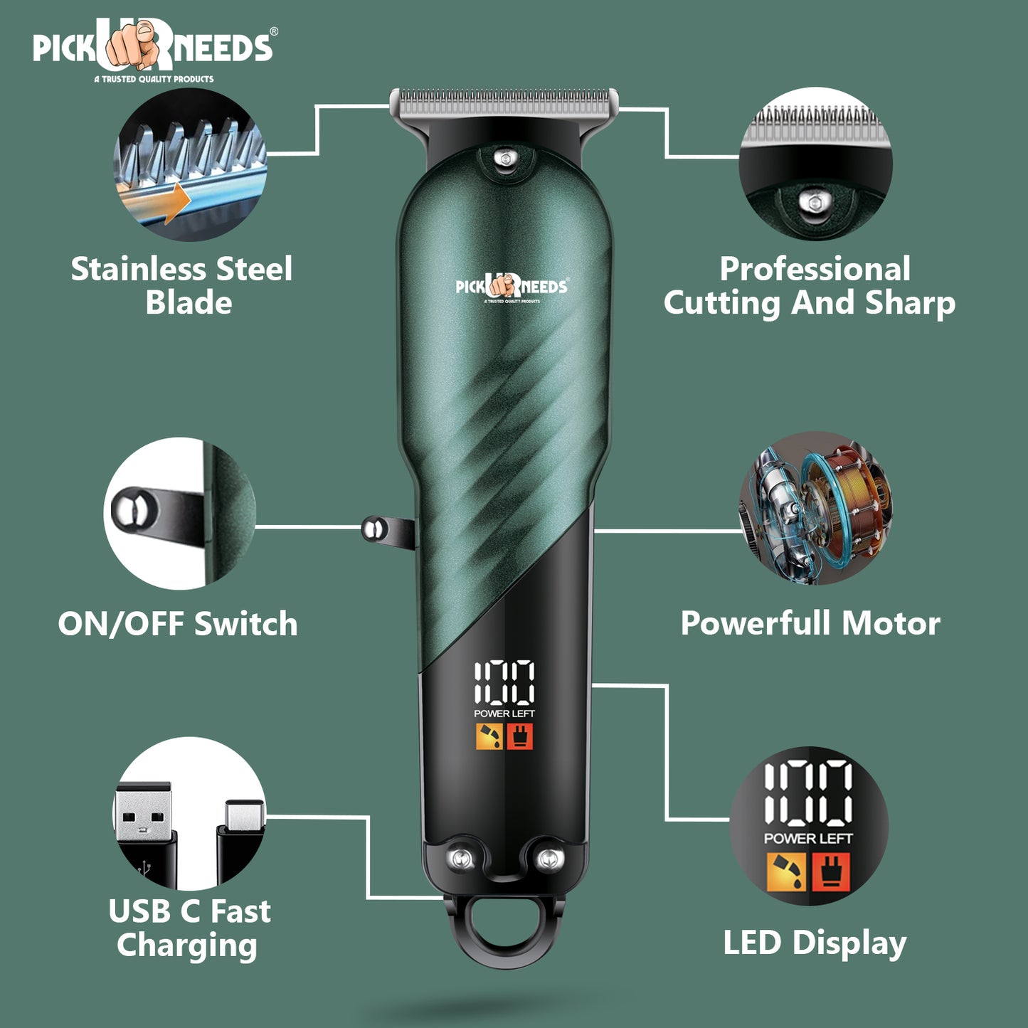 Pick Ur Needs High Performence Professional Hair Clipper / Shaver 4 In 1 Blades LED Display Trimmer 60 min Runtime 4 Length Settings (Green)