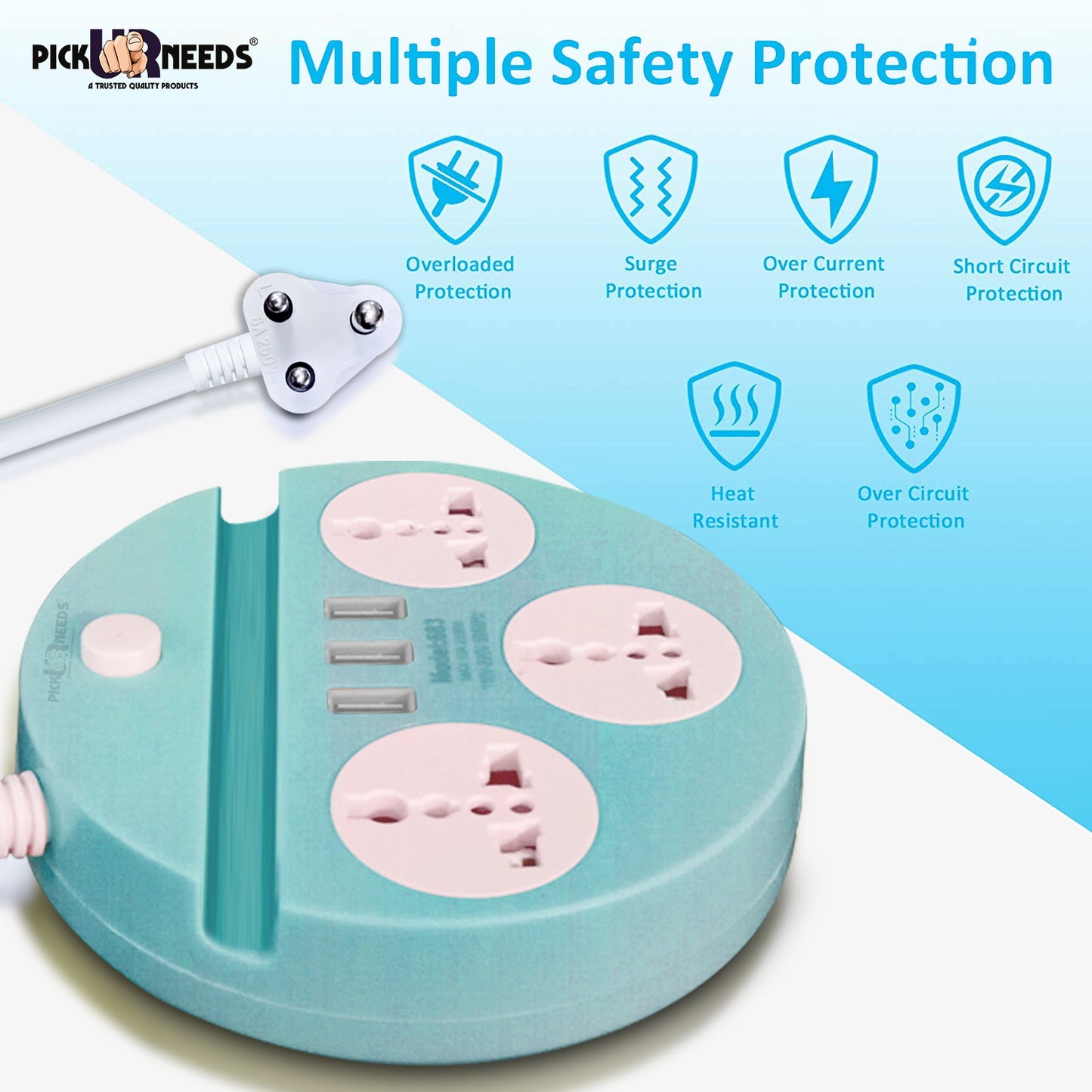 Pick Ur Needs Extension Cord Board with 3 USB Charging Ports and 3 Socket -10 Amp Heavy Duty for Multiple Devices Smartphone Tablet Laptop