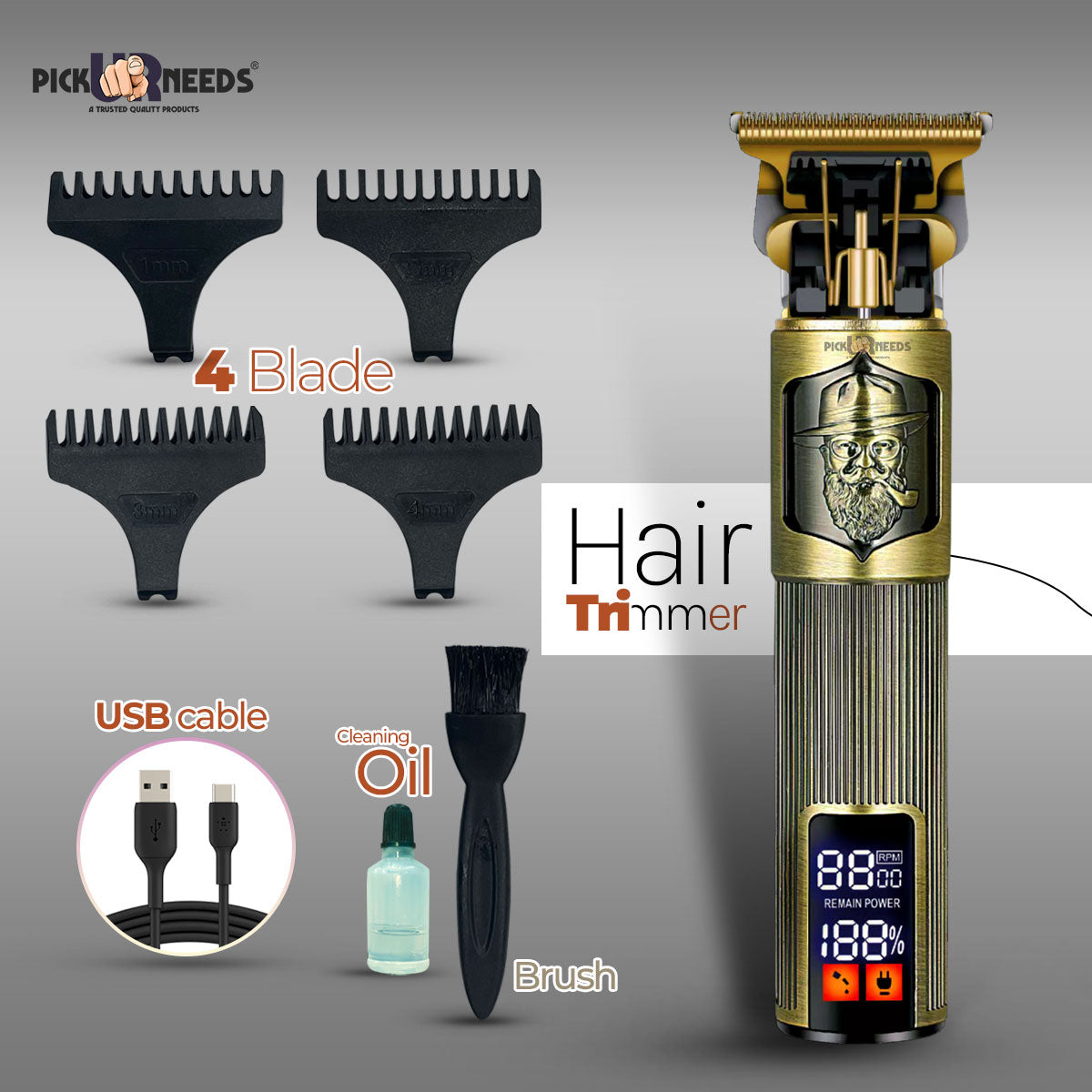Pick Ur Needs Rechargeable Hair Trimmer/Shaver/Clippers For Men LCD With 3 Mode C Type Shaver For Men