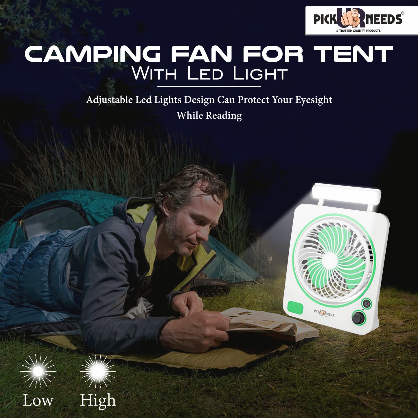 Pick Ur Needs Rechargeable Portable Mini Cooling Electric Table Fan 2 Mode LED Light Energy Saving for Outdoor, Indoor