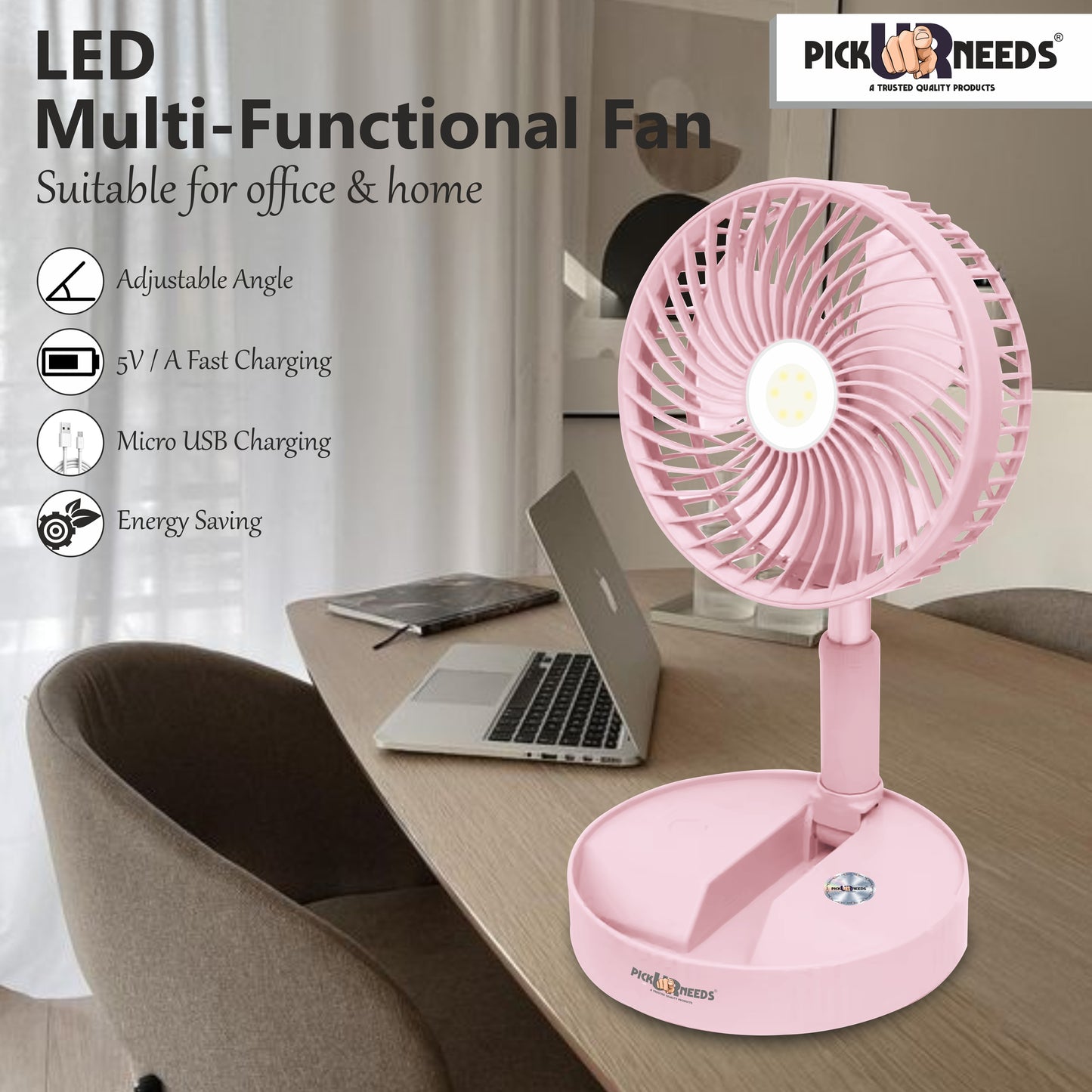 Pick Ur Needs Rechargeable Table Fan 2 Mode LED 3 Type Speed Foldable Design 3 mm Energy Saving 3 Blade Table Fan (Pink, Pack of 1)
