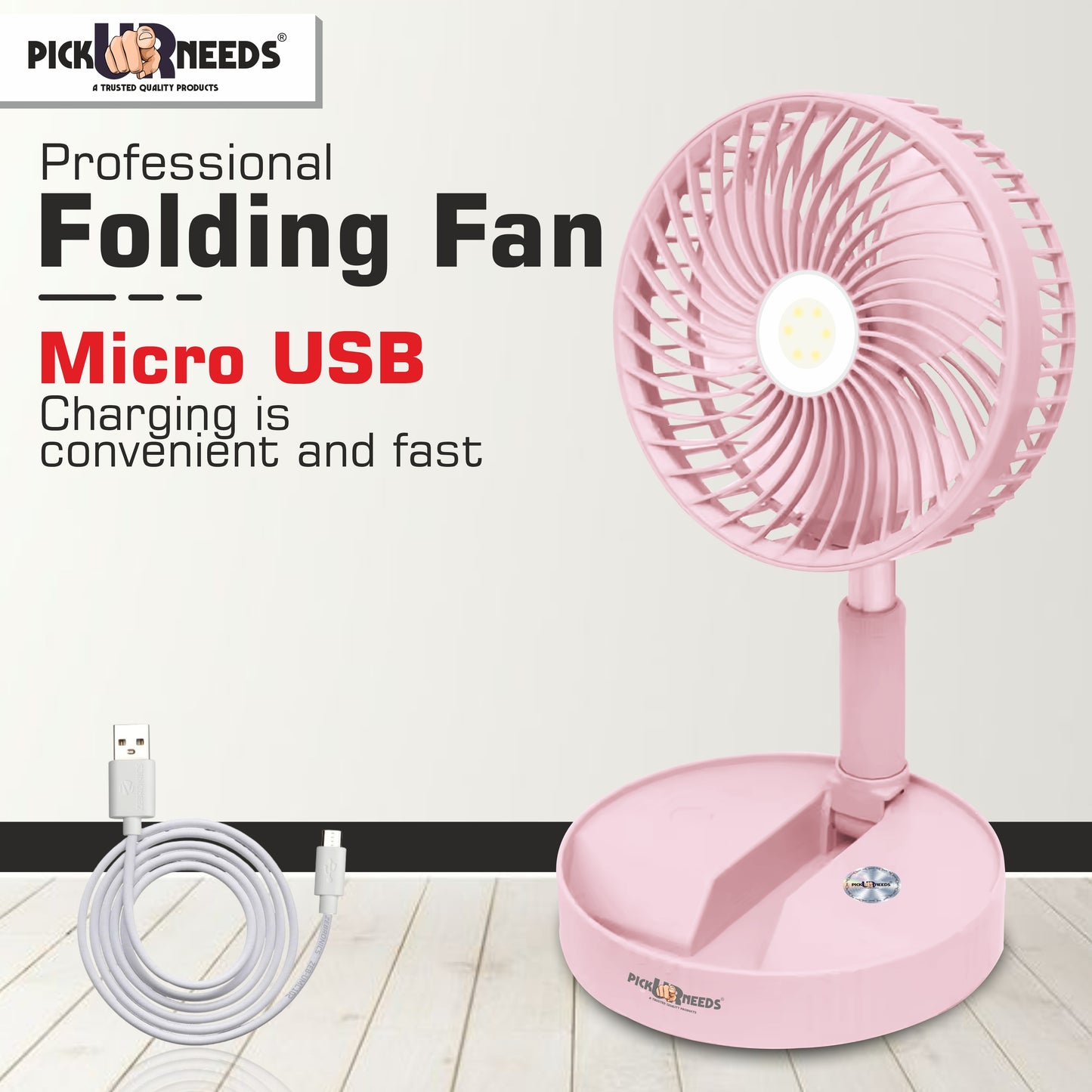 Pick Ur Needs Rechargeable Table Fan 2 Mode LED 3 Type Speed Foldable Design 3 mm Energy Saving 3 Blade Table Fan (Pink, Pack of 1)