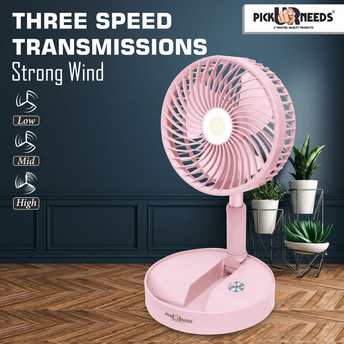 Pick Ur Needs Rechargeable Table Fan 2 Mode LED 3 Type Speed Foldable Design 3 mm Energy Saving 3 Blade Table Fan (Pink, Pack of 1)