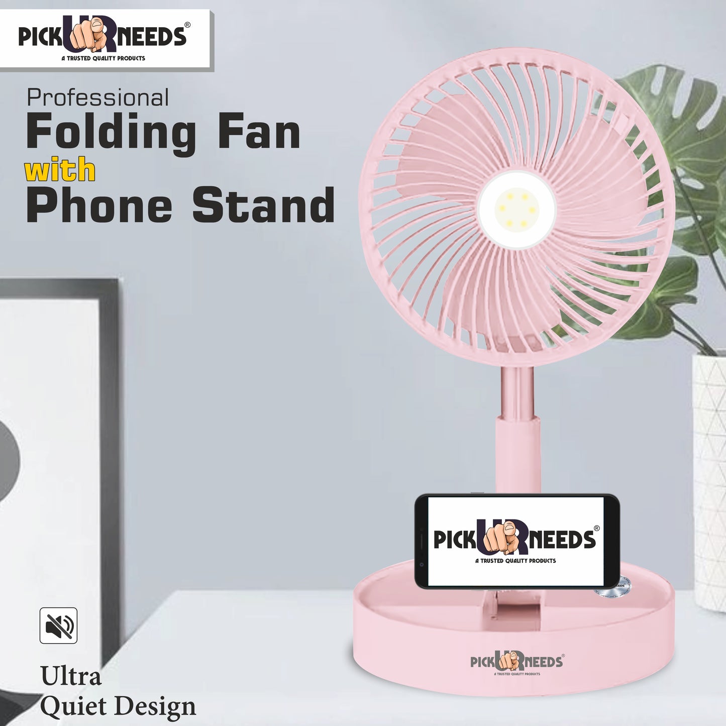 Pick Ur Needs Rechargeable Table Fan 2 Mode LED 3 Type Speed Foldable Design 3 mm Energy Saving 3 Blade Table Fan (Pink, Pack of 1)