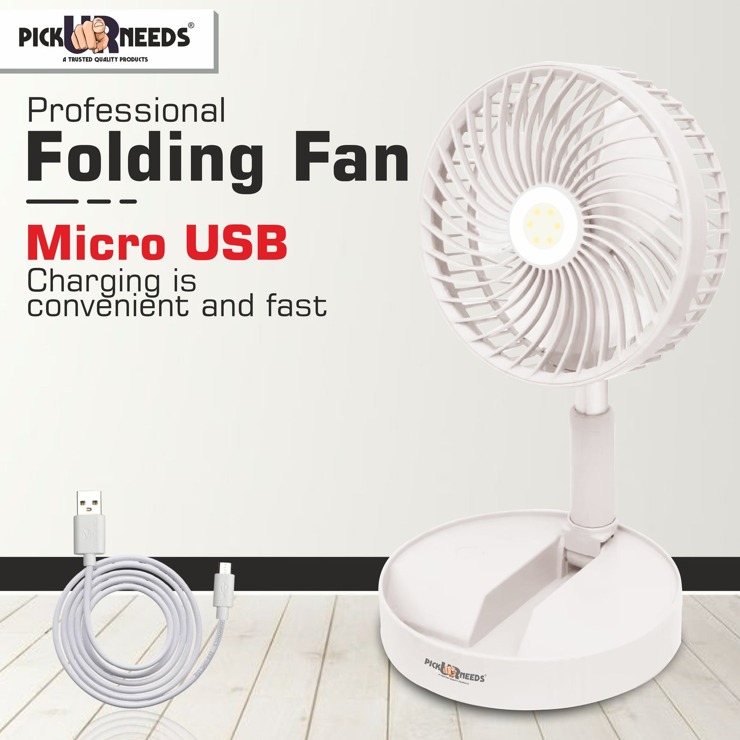 Pick Ur Needs Rechargeable Table Fan 2 Mode LED 3 Type Speed Foldable Design 3 mm Energy Saving 3 Blade Table Fan (Pink, Pack of 1)