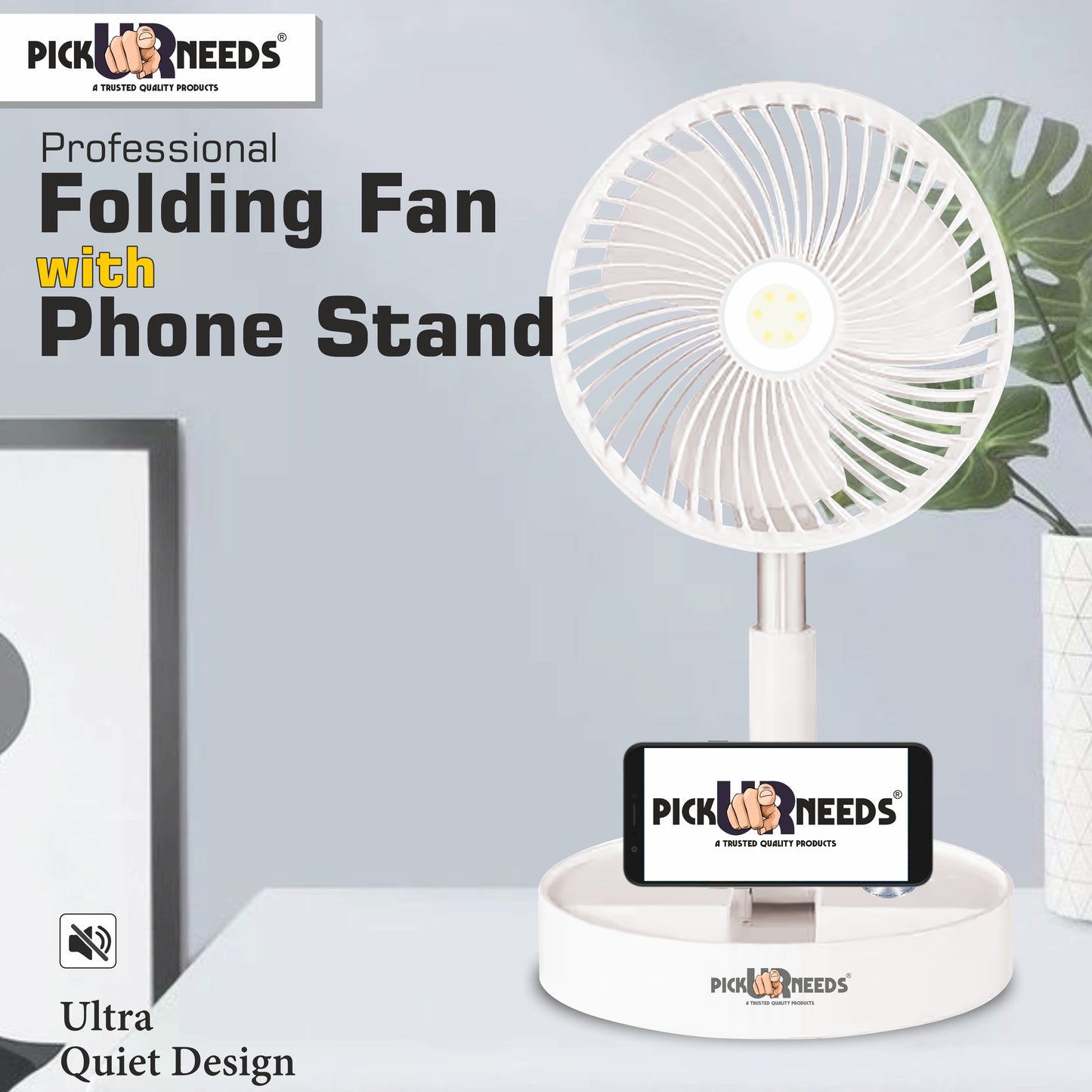 Pick Ur Needs Rechargeable Table Fan 2 Mode LED 3 Type Speed Foldable Design 3 mm Energy Saving 3 Blade Table Fan (Pink, Pack of 1)