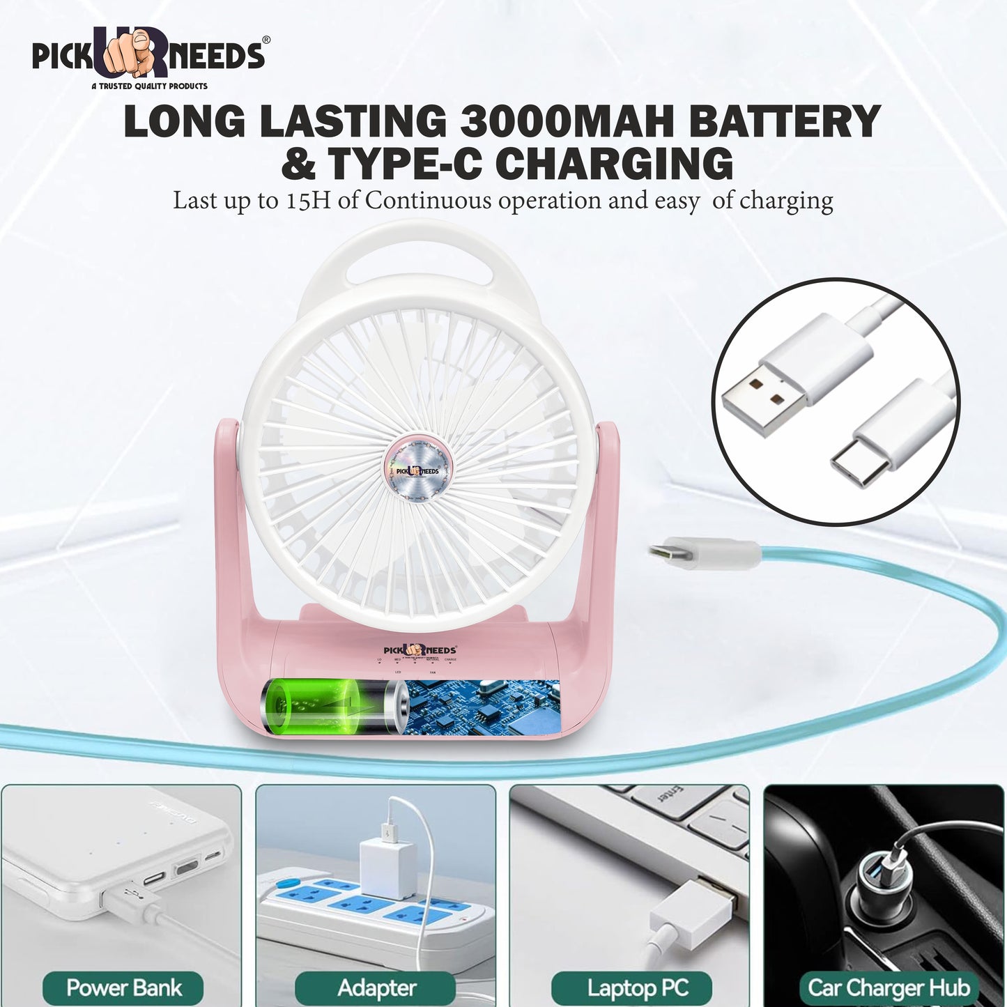 Pick Ur Needs Portable Rechargeable Table Fan With LED Light 3000mAh Battery 180 Degree Move 3 mm 5 Blade Table Fan