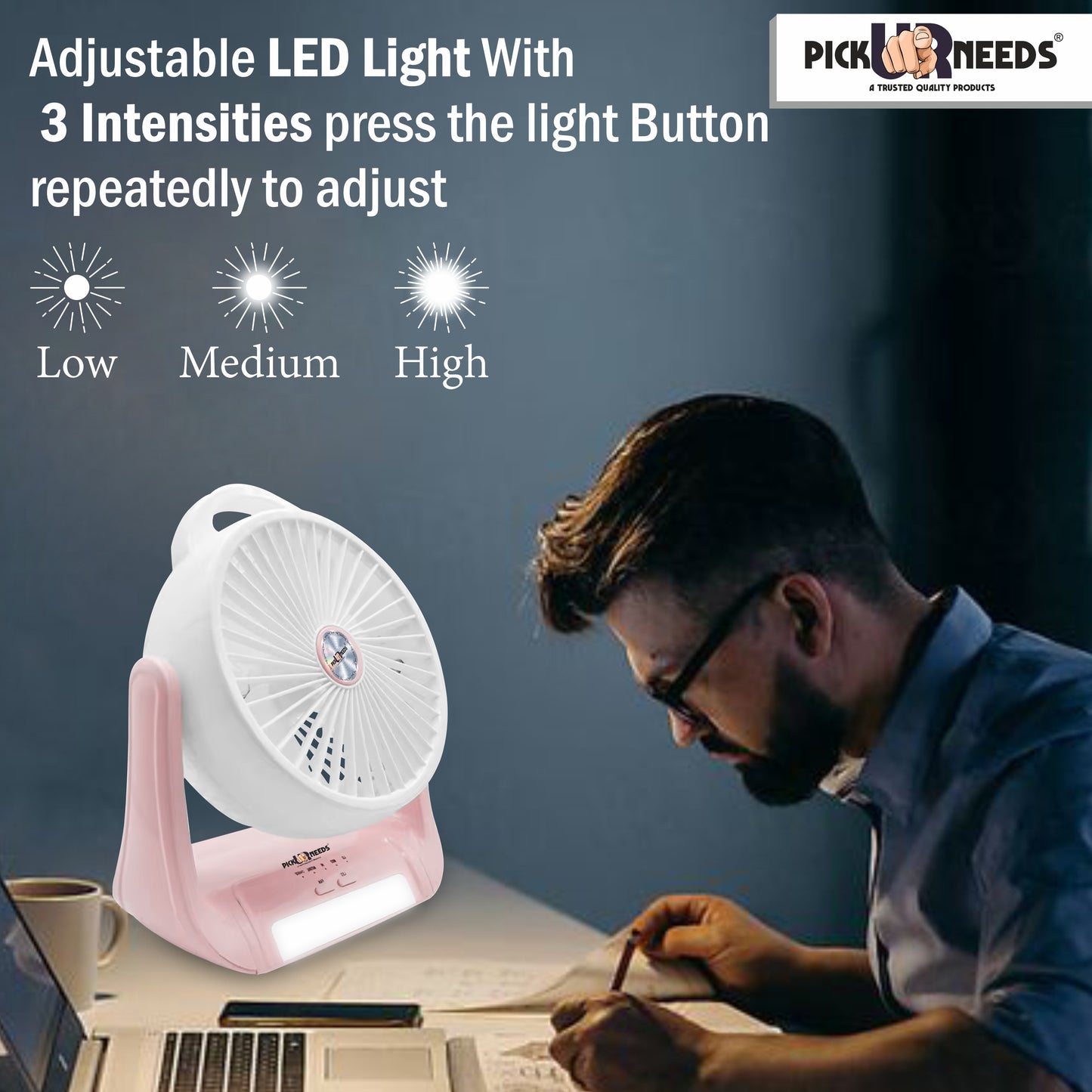 Pick Ur Needs Portable Rechargeable Table Fan With LED Light 3000mAh Battery 180 Degree Move 3 mm 5 Blade Table Fan