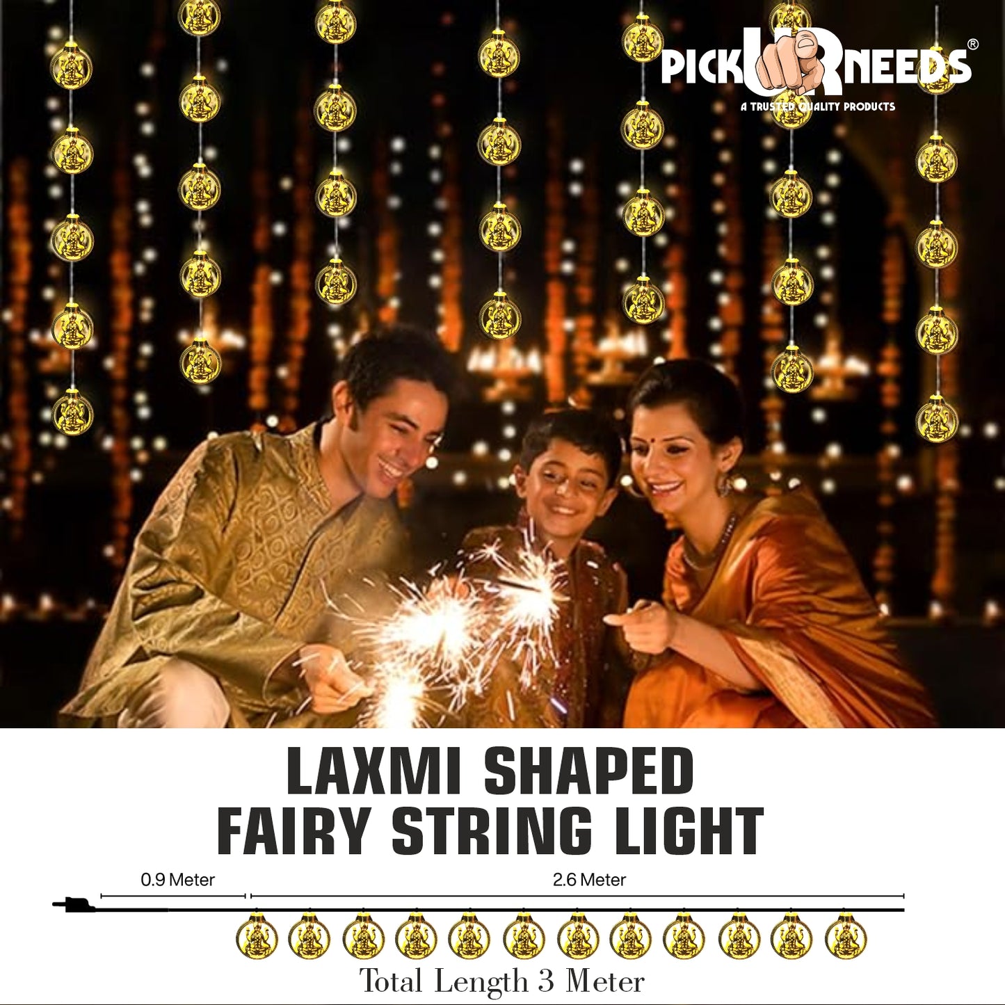 Pick Ur Needs Diwali String Lights Laxmi Ji Metal Hanging Lights, Warm White Round 3D Ceiling Lamp