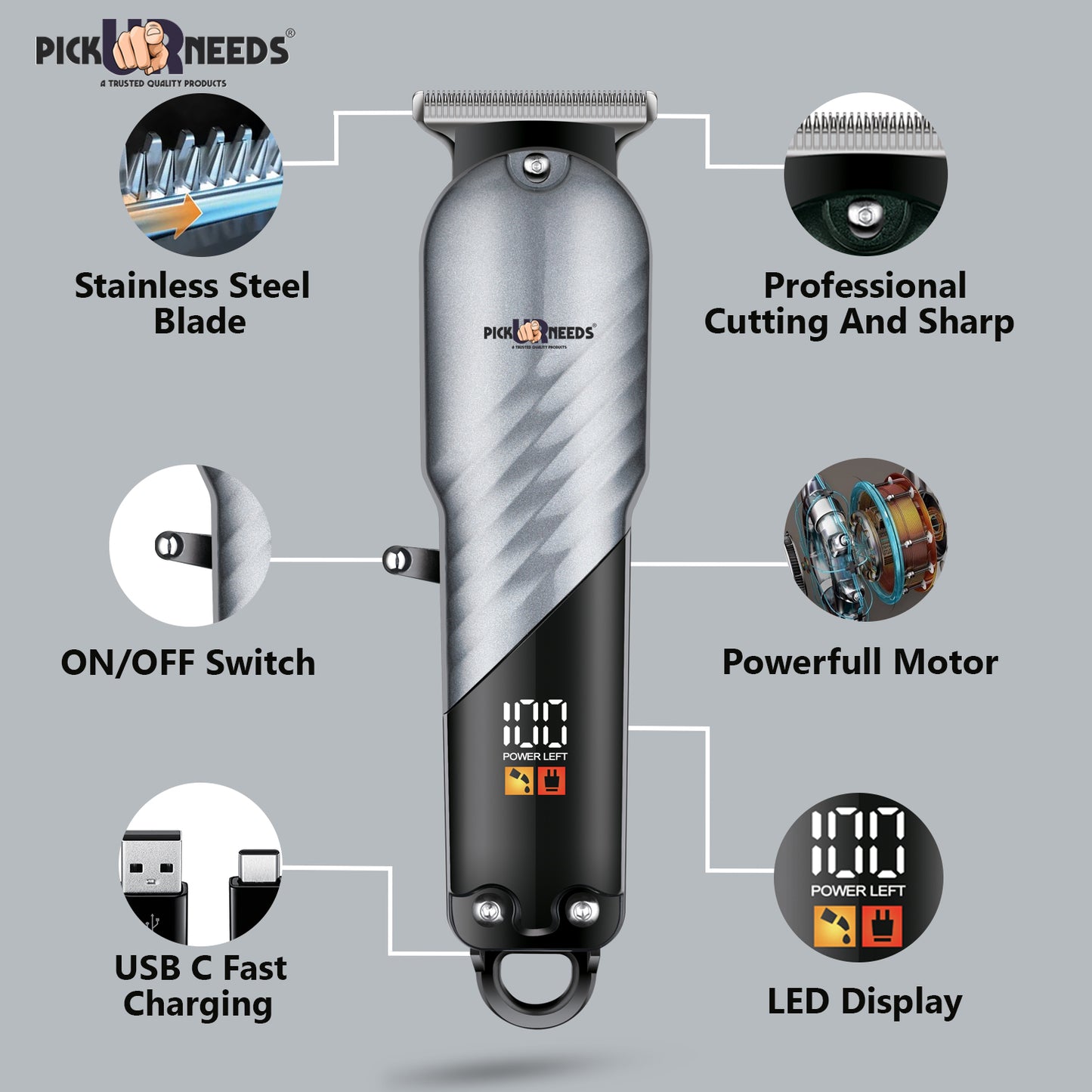 Pick Ur Needs High Performence Professional Hair Clipper / Shaver 4 In 1 Blades LED Display Trimmer 60 min Runtime 4 Length Settings (Green)