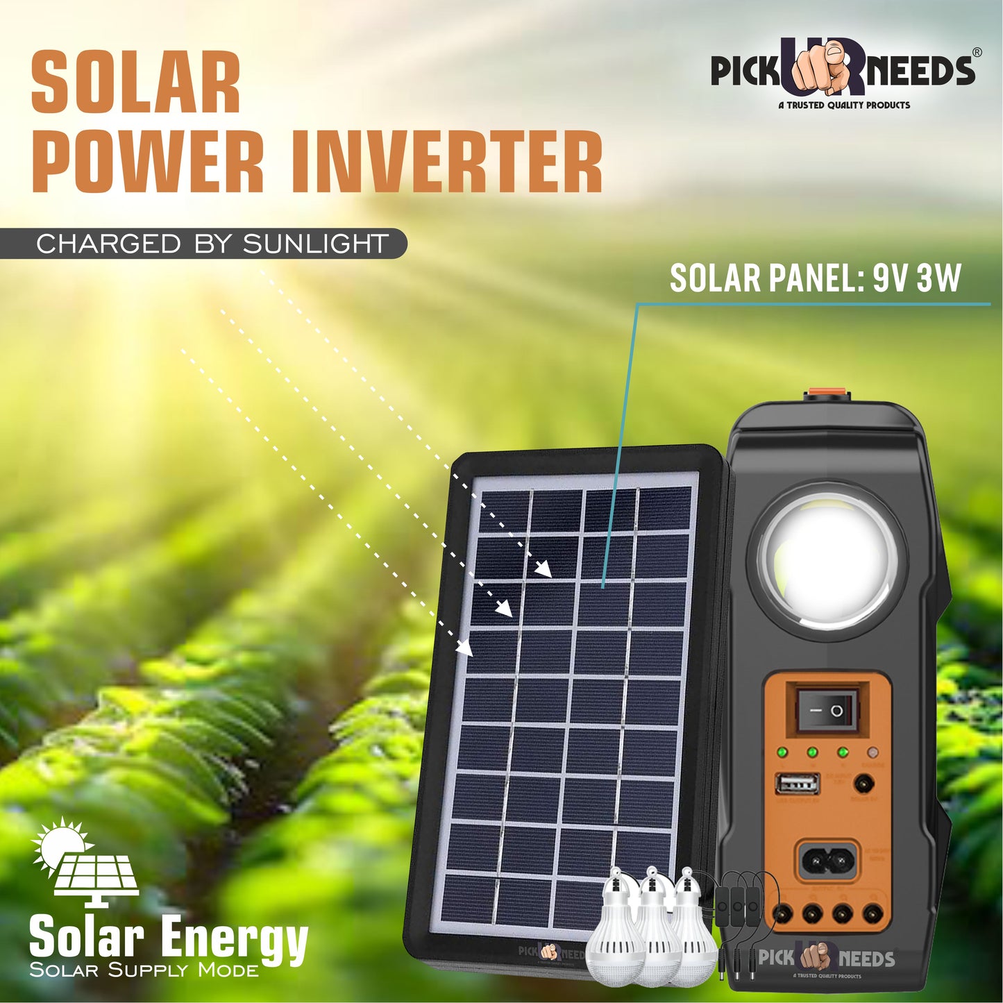 Pick Ur Needs Solar Chargeable Inverter Light Set With Study Lamp + 3 Bulb 1 USB Charging Port Solar Light Set (Ceiling Mounted Pack of 1)