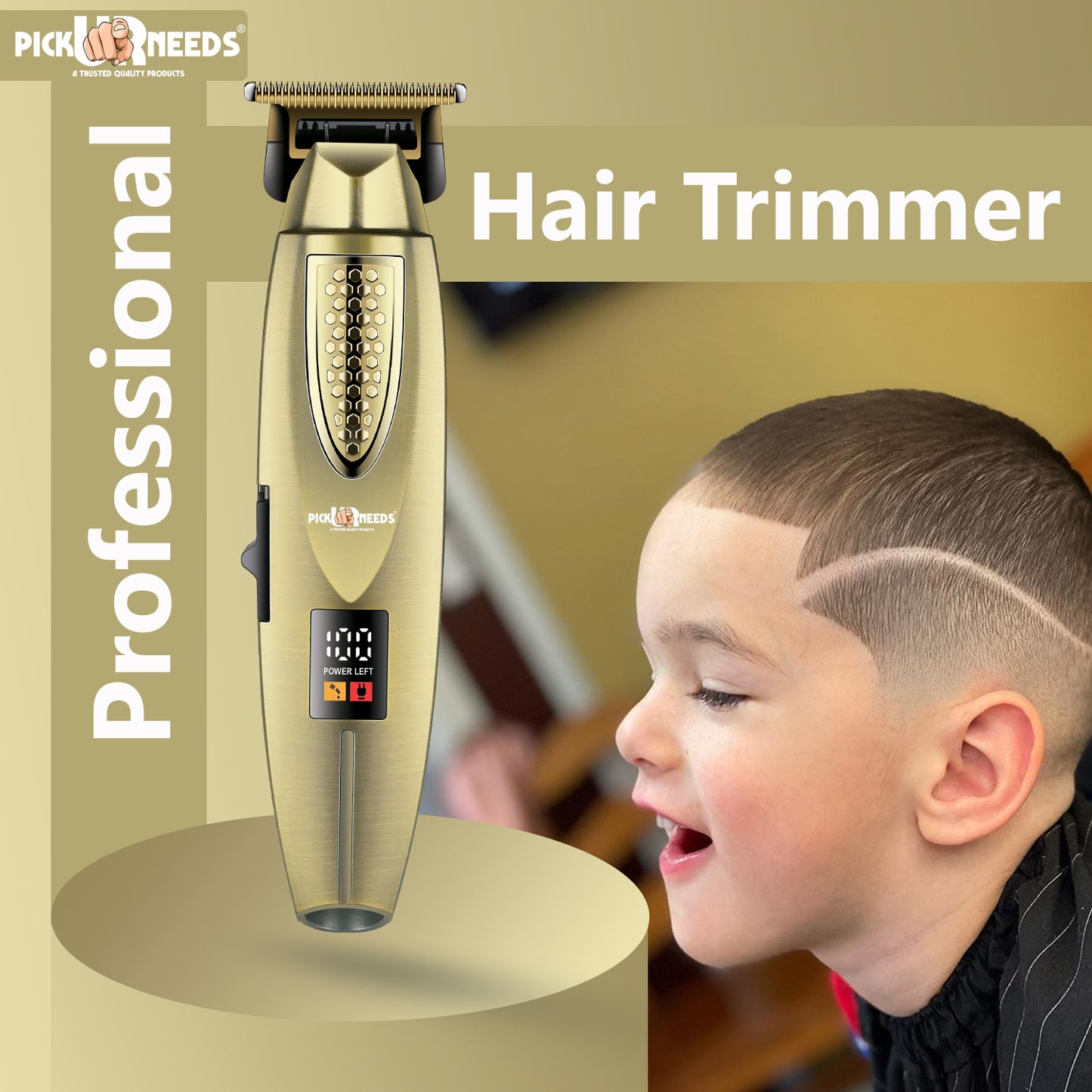Pick Ur Needs Stylish Premium Design Hair Trimmer 180 min Runtime 3 Length Settings (Gold)