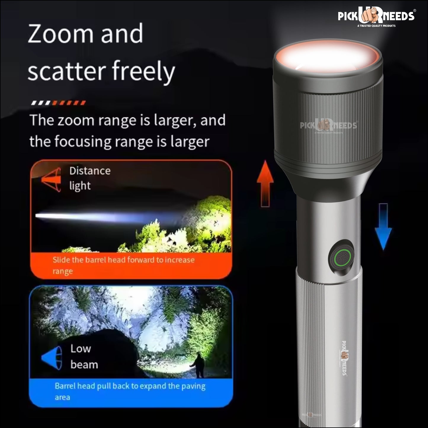 Pick Ur Needs Rechargeable Zoomable Focus Aluminium Body Torch LED 100W Laser 1500mAh Battery 5 hrs Torch Emergency Light (Black)