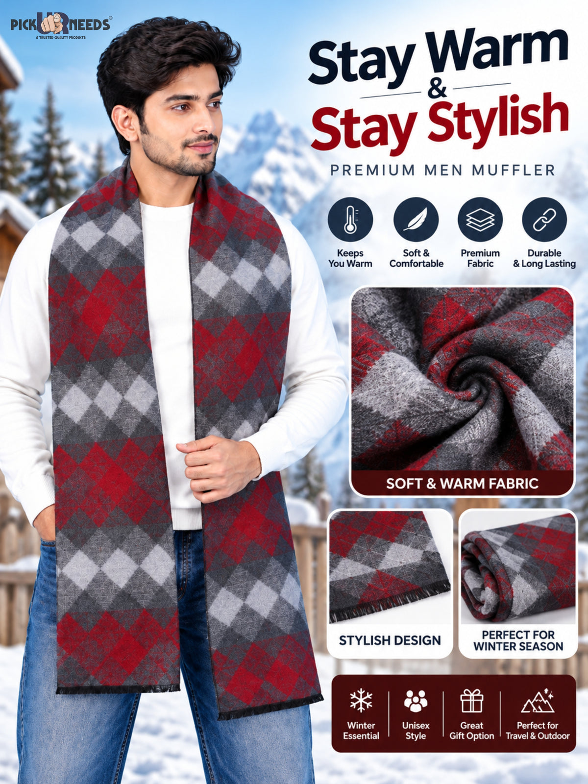 Pick Ur Needs Premium Winter Muffler for Men & Boys Soft & Warm Checkered Design Woolen Style Scarf Stylish Long Neck Wrap for Winter Wear
